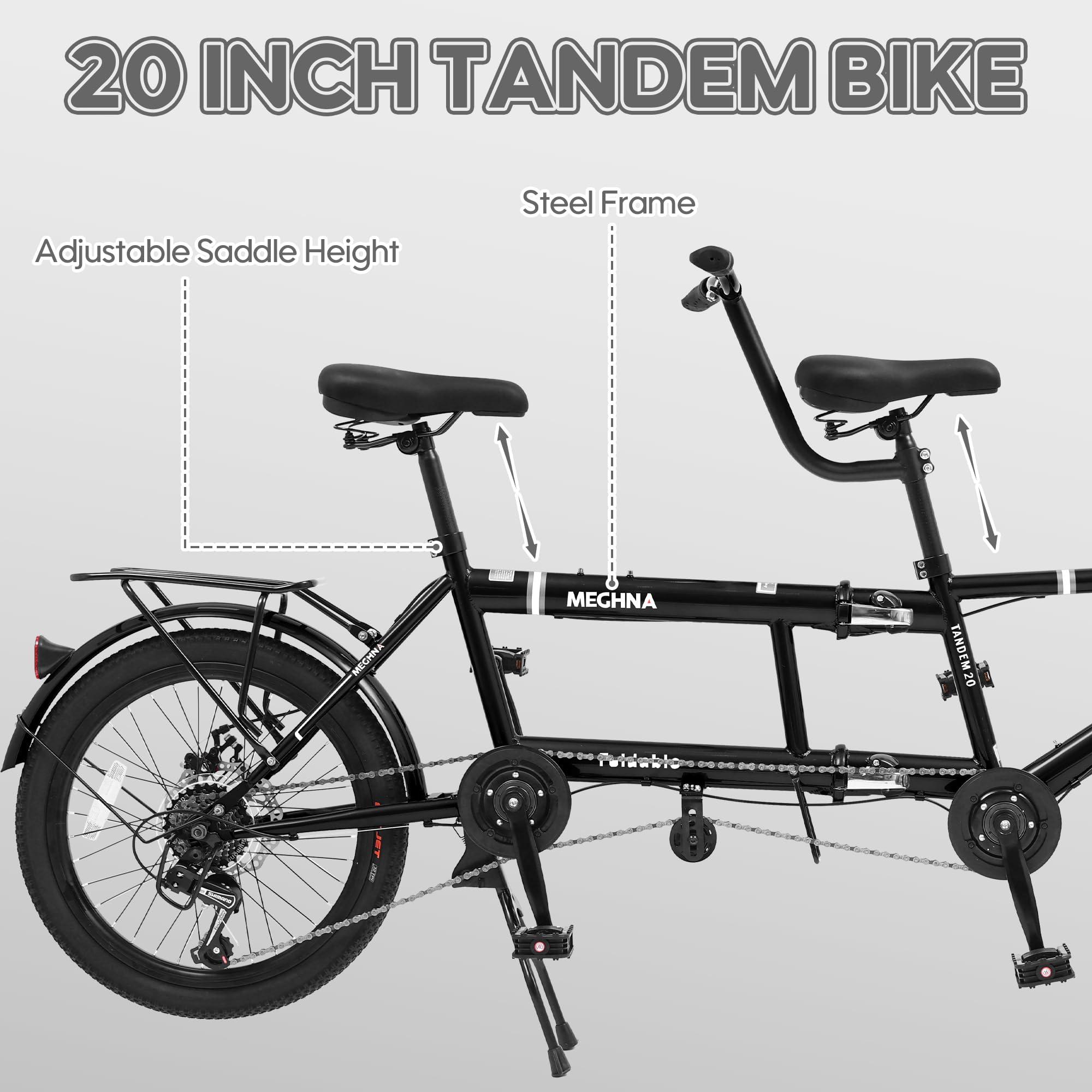 BGGFNZ Foldable Tandem Bike, 20 Inch Family Tandem Bikes for Adults, Adjustable 7-Speed Tandem Bicycles Beach Cruiser Bike for Travel and Couple Riding, High Carbon Steel Frame
