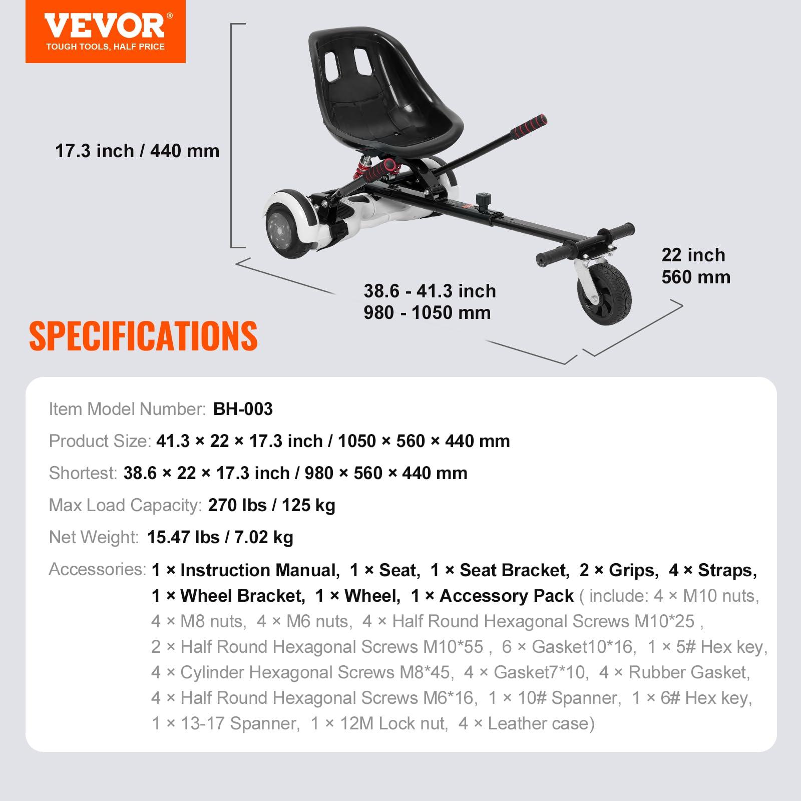 VEVOR VEVOR Hoverboard Seat Attachment, for 6.5" 8" 8.5" 10" Hoverboards, Dual Shock Absorption System, Grips Control, Adjustable Length 270 LBS Load Capacity, Buggy Attachment, for Kids Adults