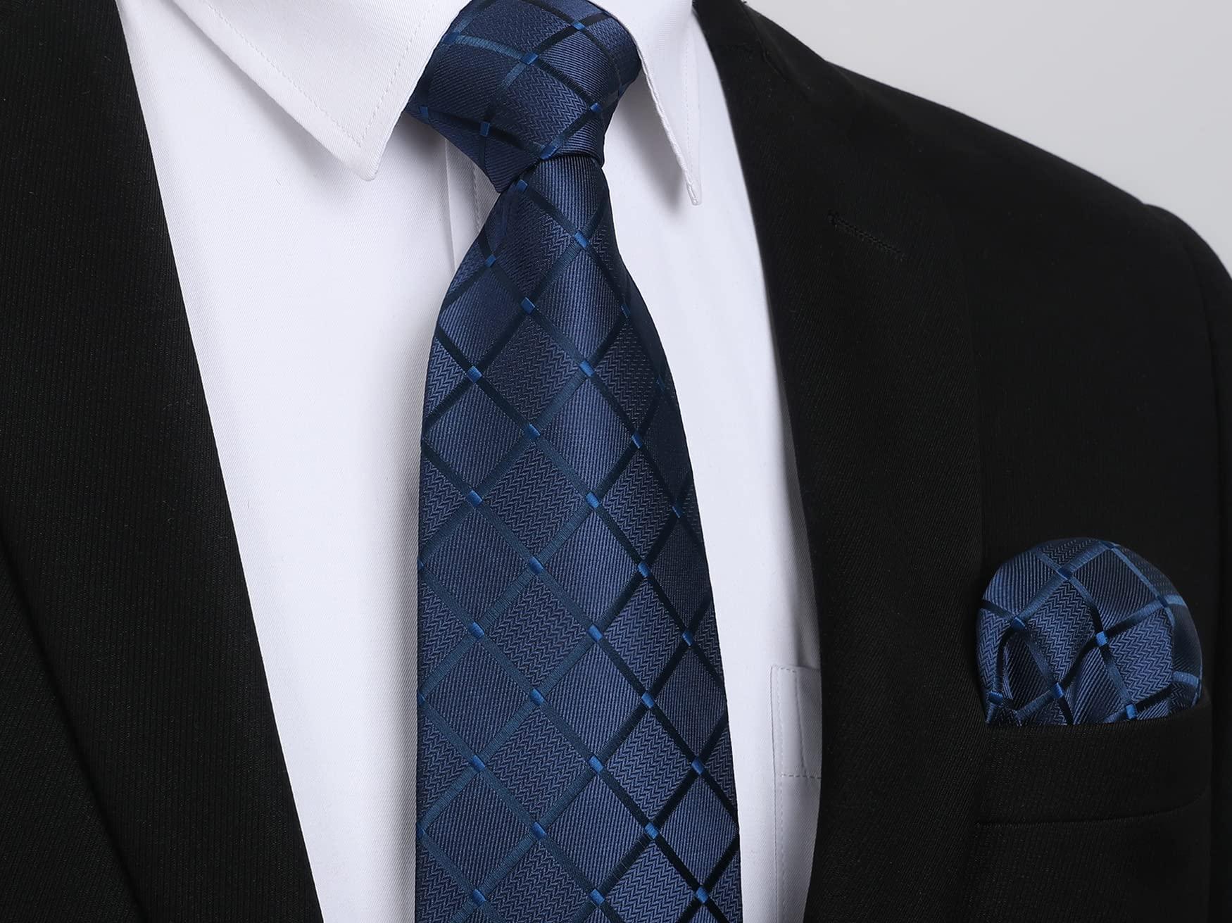 HISDERN HISDERN Plaid Blue Tie Handkerchief Woven Classic Men's Necktie & Pocket Square Set,Navy Blue,One Size