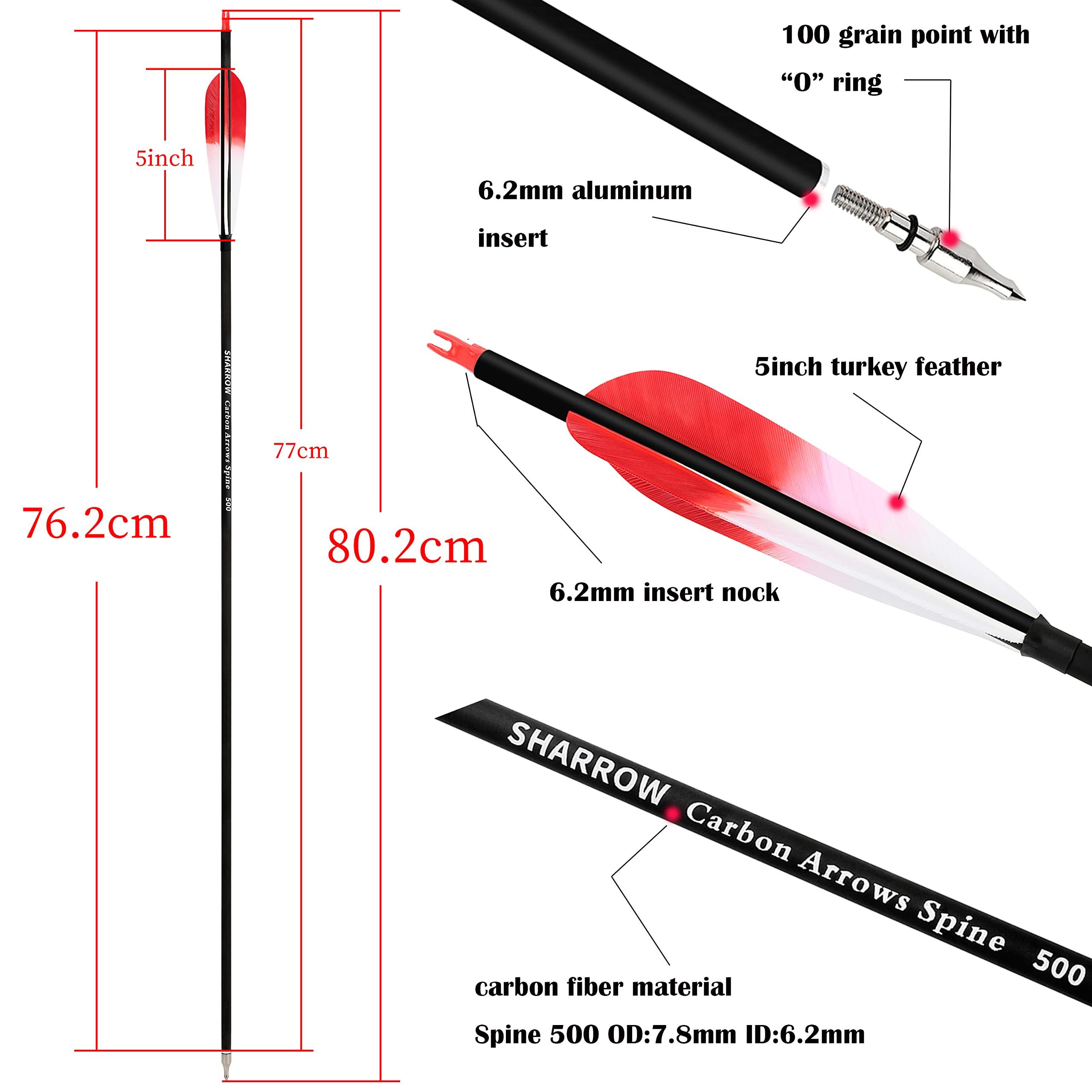 SHARROW 28/30/31 Inch Archery Carbon Arrows Spine 500 Hunting Target Practice Carbon Arrows with 100 Grain Replaceable Tips and 5" Real Feather for Compound & Recurve & Traditional Bow (Yellow, 28 inch/12pcs)