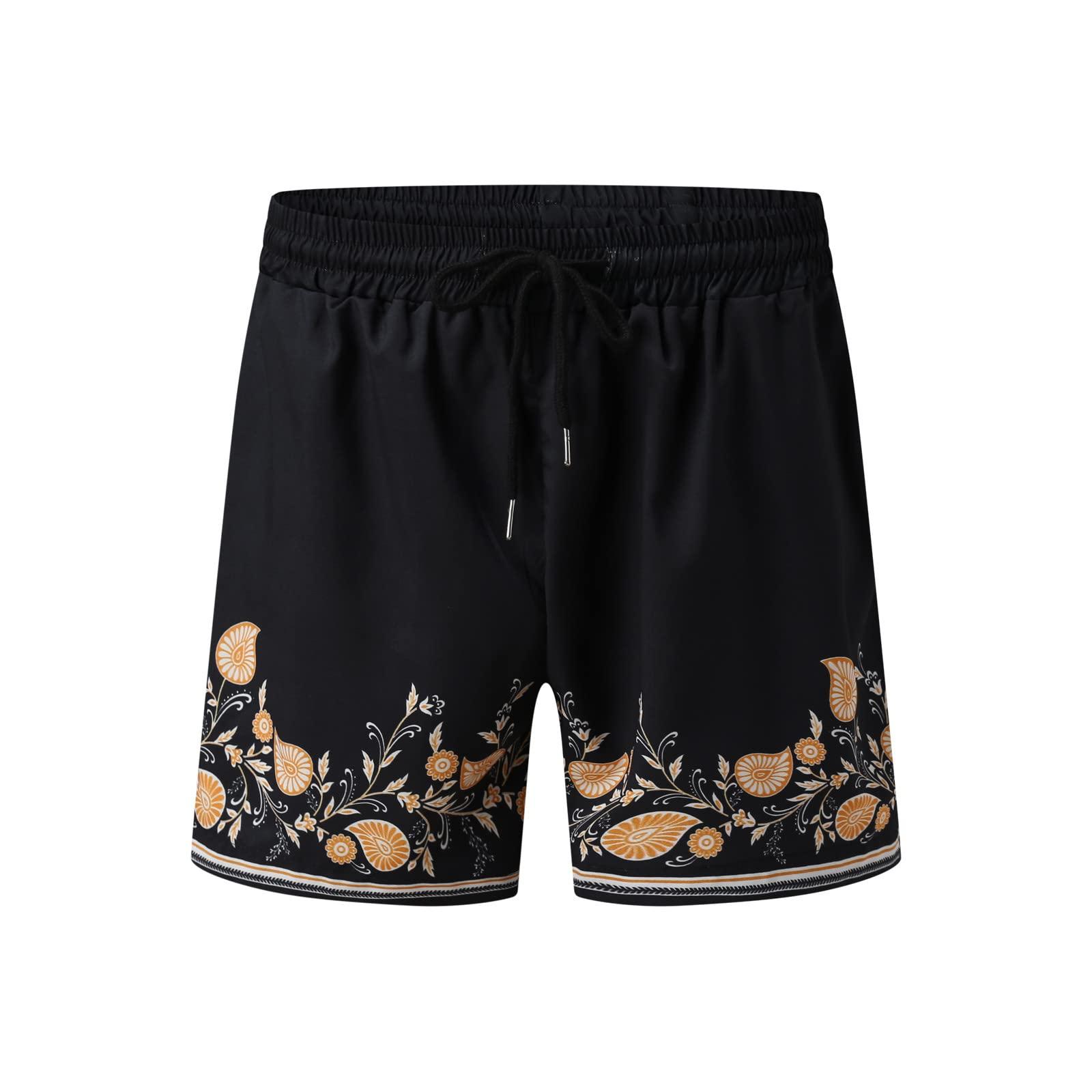 QWENTMTNTY Mens Hawaiian Shirts and Shorts Sets Casual 2 Piece Matching Outfit Luxury Floral Button Up Short Sleeve Dress Shirt Set Black