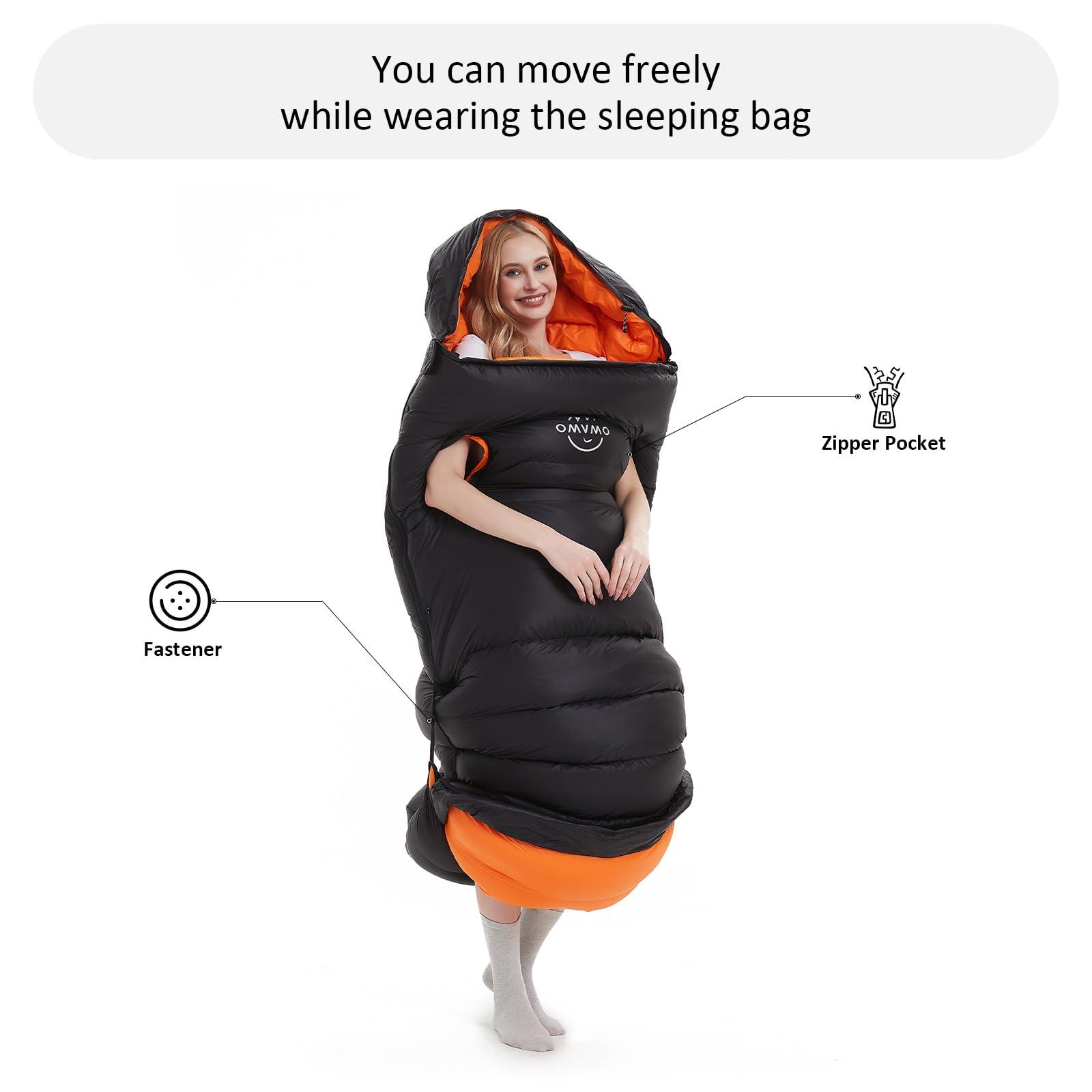 OMVMO OMVMO 0 20 Degrees F Down Sleeping Bag for Adults,4 Season Envelope Down Fiber Sleeping Bag for Backpacking Camping,Wearable Sleeping Bag with Arm Holes,Move Freely While Wearing.Ultralight,Compact.