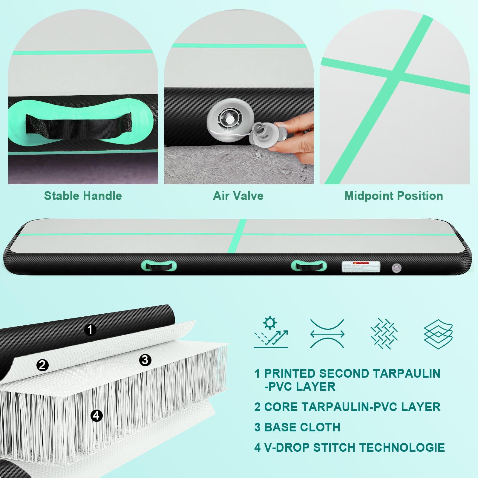 BCGA Inflatable Gymnastics Mat 10ft/13ft/16ft/20ft/ Air Tumbling Track Mats 4/8 inches Thick for Home Use/Training/Cheerleading/Yoga/Water with Pump 10ft x 6.5ft x 8inch Green Black