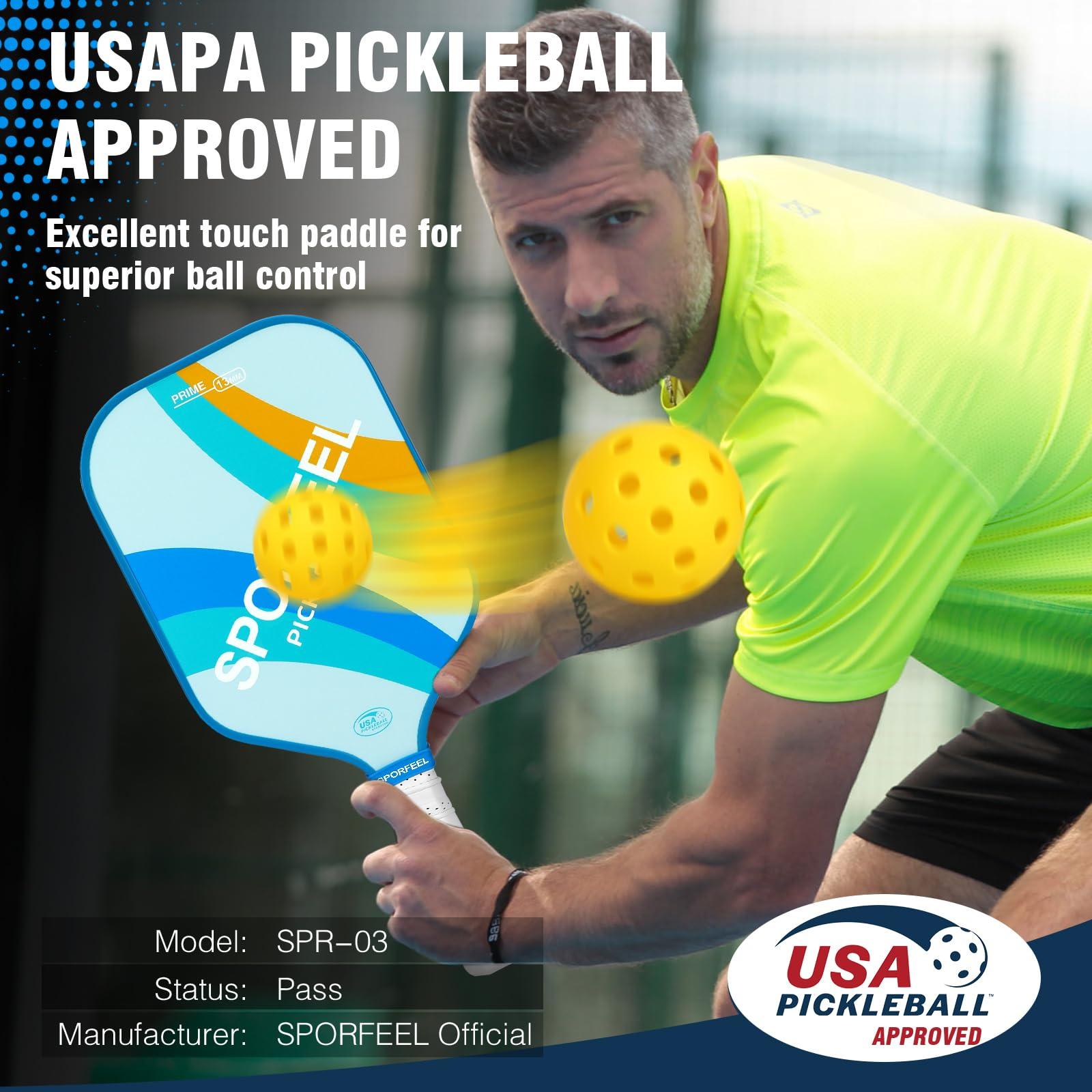 SPORFEEL SPORFEEL Pickleball Paddles, USAPA Approved Fiberglass Pickleball Paddle Sets, Indoor Outdoor Pickle Ball Sports Accessories, Pickle Ball Set for Men Women Beginners, includes 4 Balls and 1 Bag (Blue)
