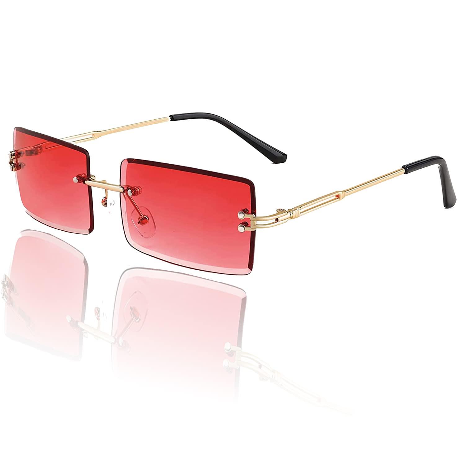 Mriendao Mriendao Red Sunglasses for Women Men Fashion Retro 90s Rimless Rectangle Tinted Sun Glasses Shades UV400