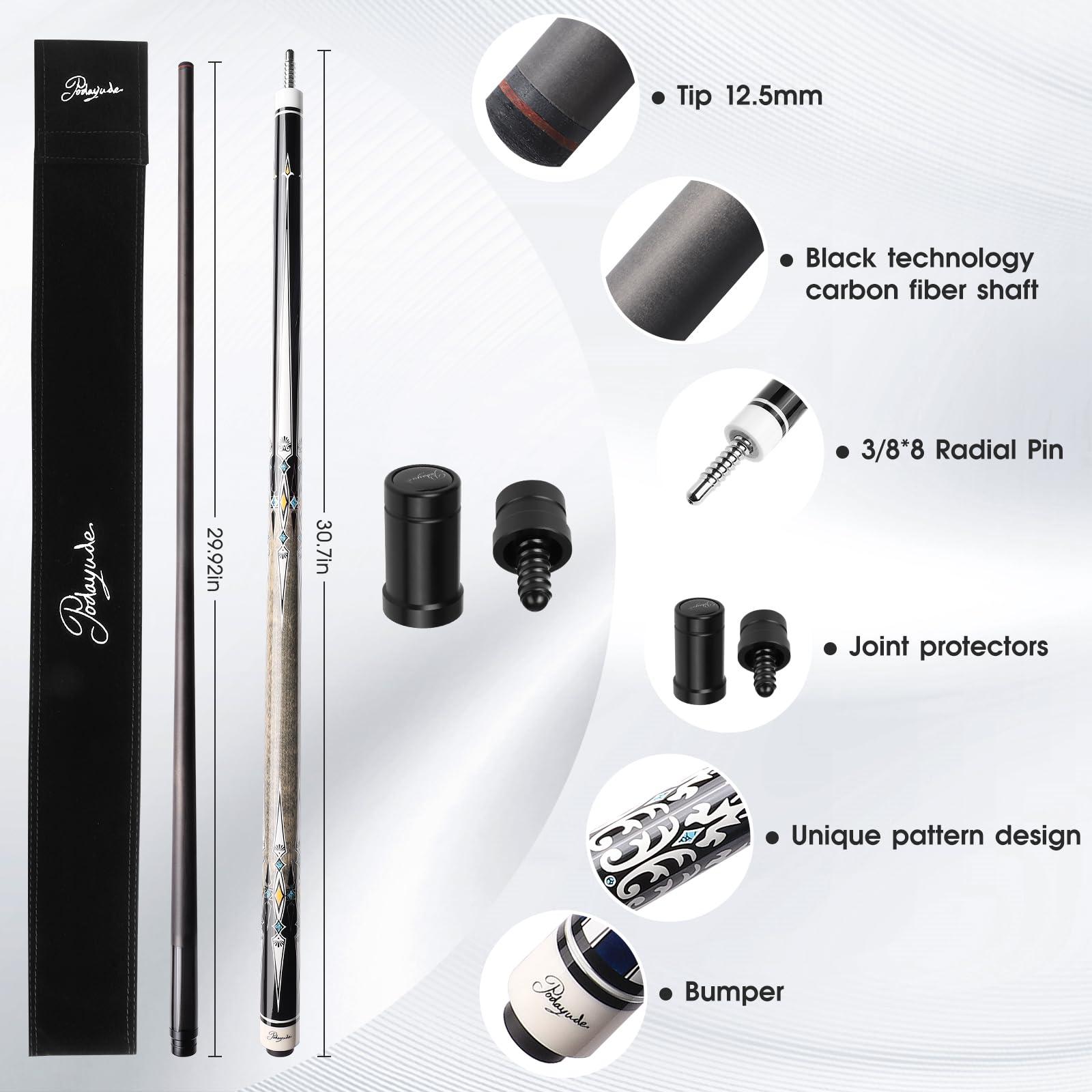 PODAYUDE PODAYUDE Carbon Fiber Pool Cue, 12.5mm Tip Low Deflection Billiard Cue Sticks Pool Sticks, 58\" Pool Cues with Velvet Bag, 19-19.5oz