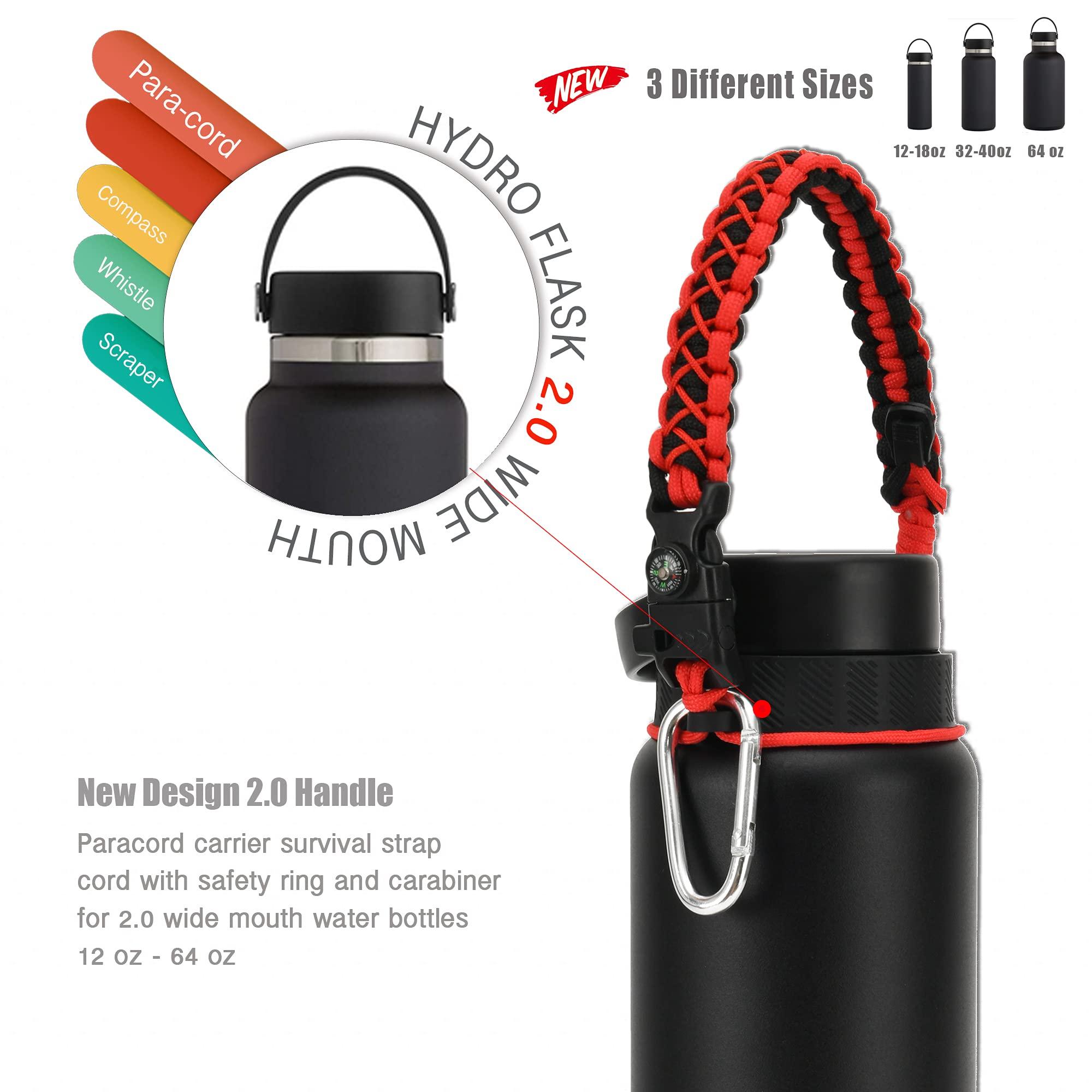 QeeCord QeeCord Paracord Handle Compatible with Hydro Flask 2.0 Wide Mouth Water Bottle Carrier with New Ring and Carabiner, 12oz, 16oz,18oz, 32oz, 40oz, 64oz (12 oz- 20 oz Wide Mouth, Red)
