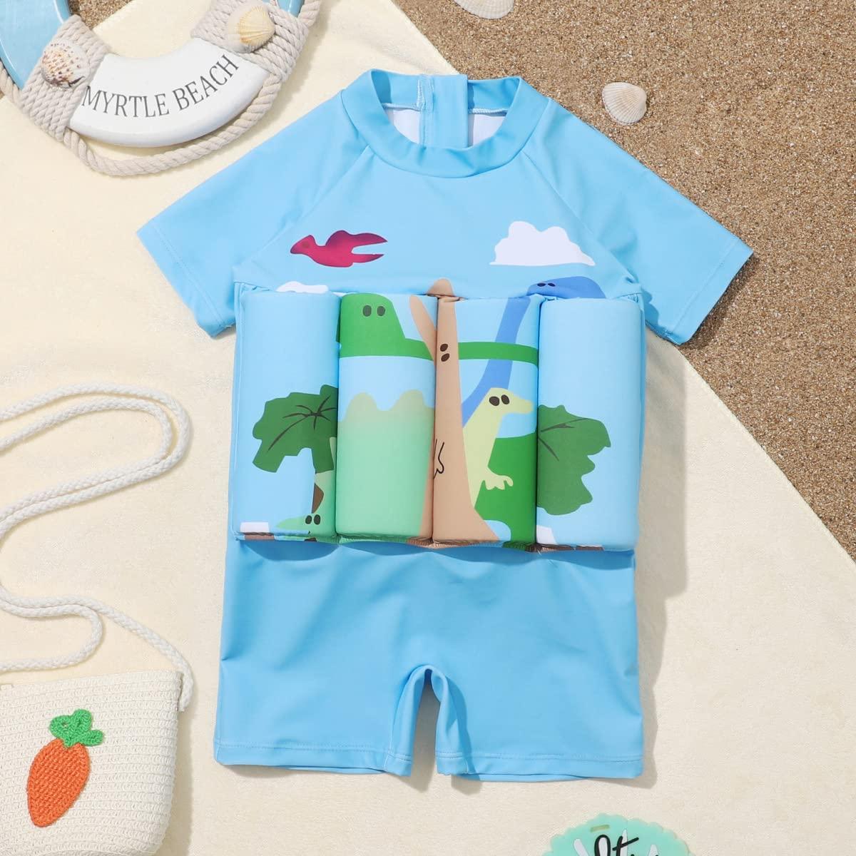 IDOPIP Kids Baby Boy Girl Float Suit with Adjustable Buoyancy Floatation Swimsuit Floating Swimwear Bathing Suit Toddler Float Swim Vest with 8 Removable Buoyancy Stick Blue Dinosaur + Cloud 2-3 Years