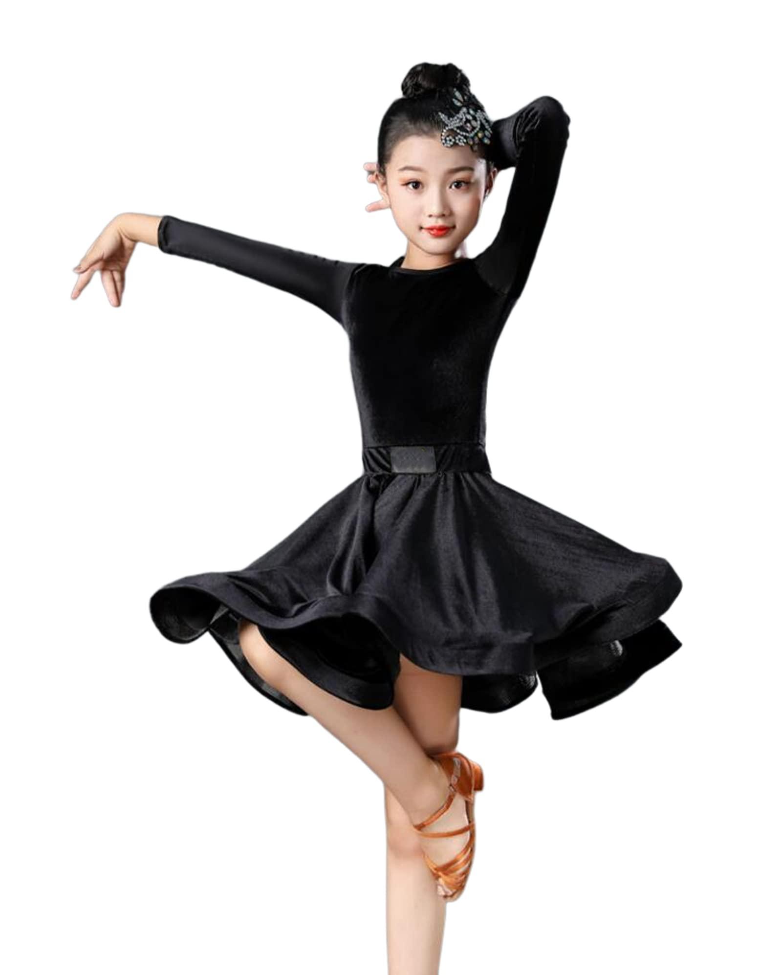 OTMYIGO OTMYIGO Girl Latin Dance Dress Tango Salsa Dancewear Dress Ballroom Competition Party Stage Performance Practice Costumes,Black,3XS