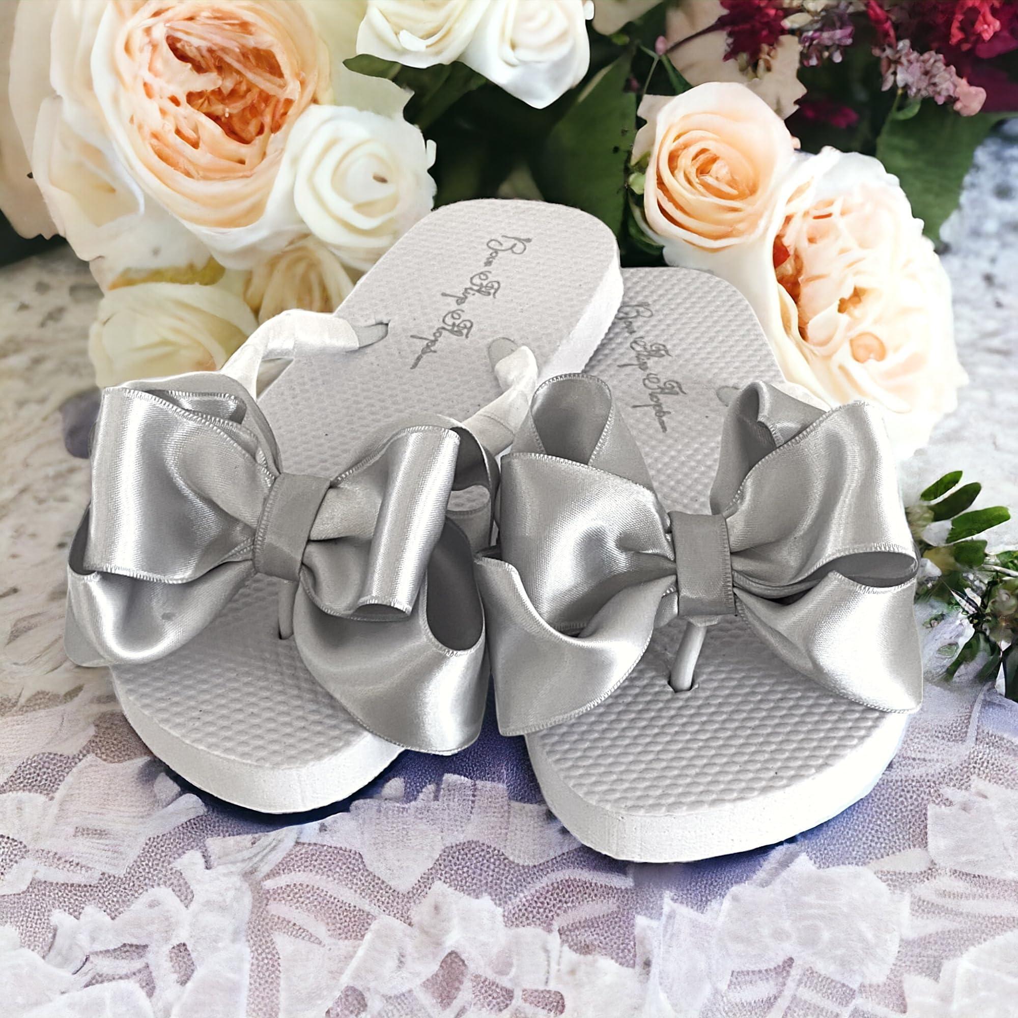 Bow Flip Flops Bow Flip Flops White with Silver Satin, Flat Sandals for Women (White Flip Flops with Silver Bows, 9)