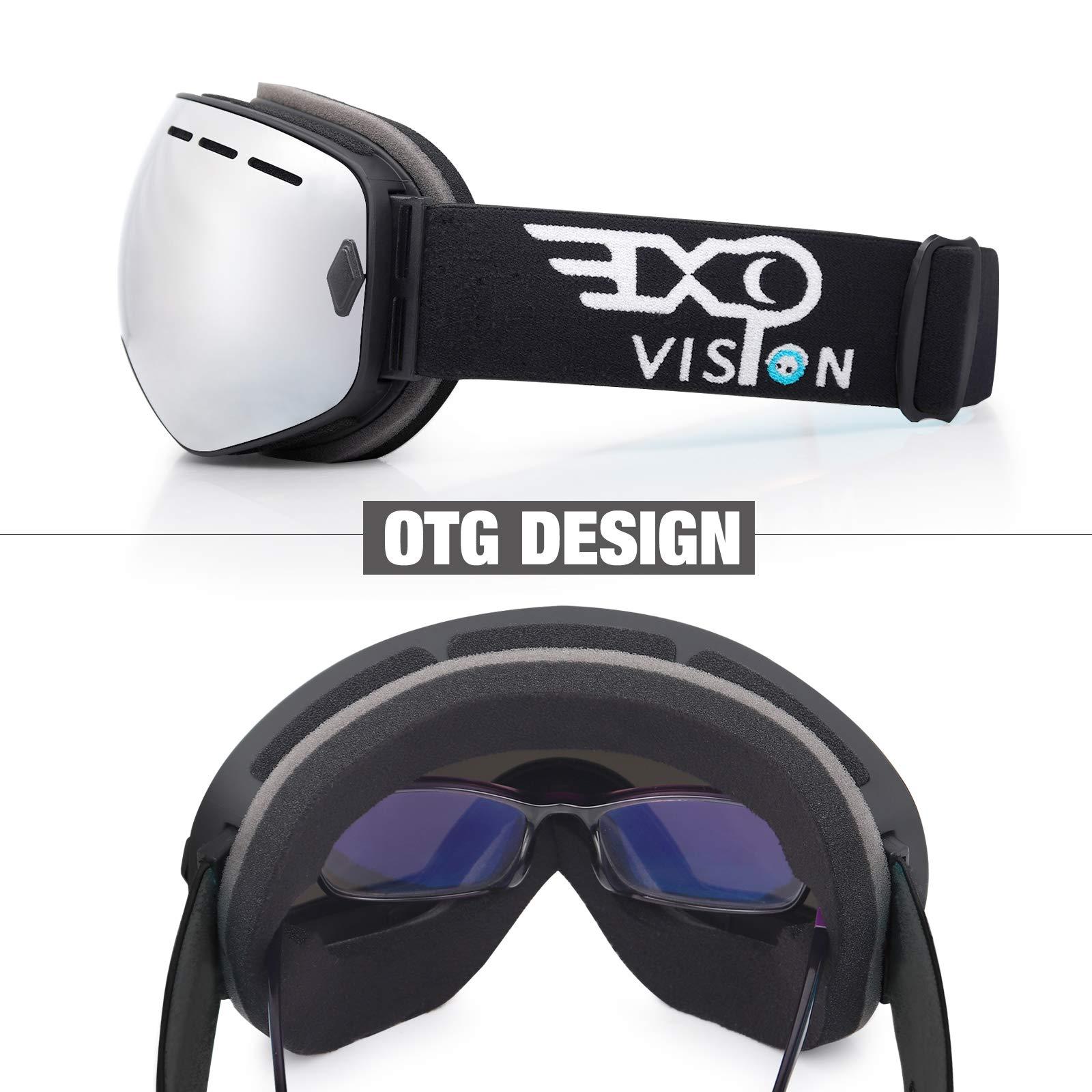 EXP VISION EXP VISION Snowboard Ski Goggles Men Women Youth, Anti Fog OTG Winter Snow Goggles Spherical Detachable Lens (Silver)