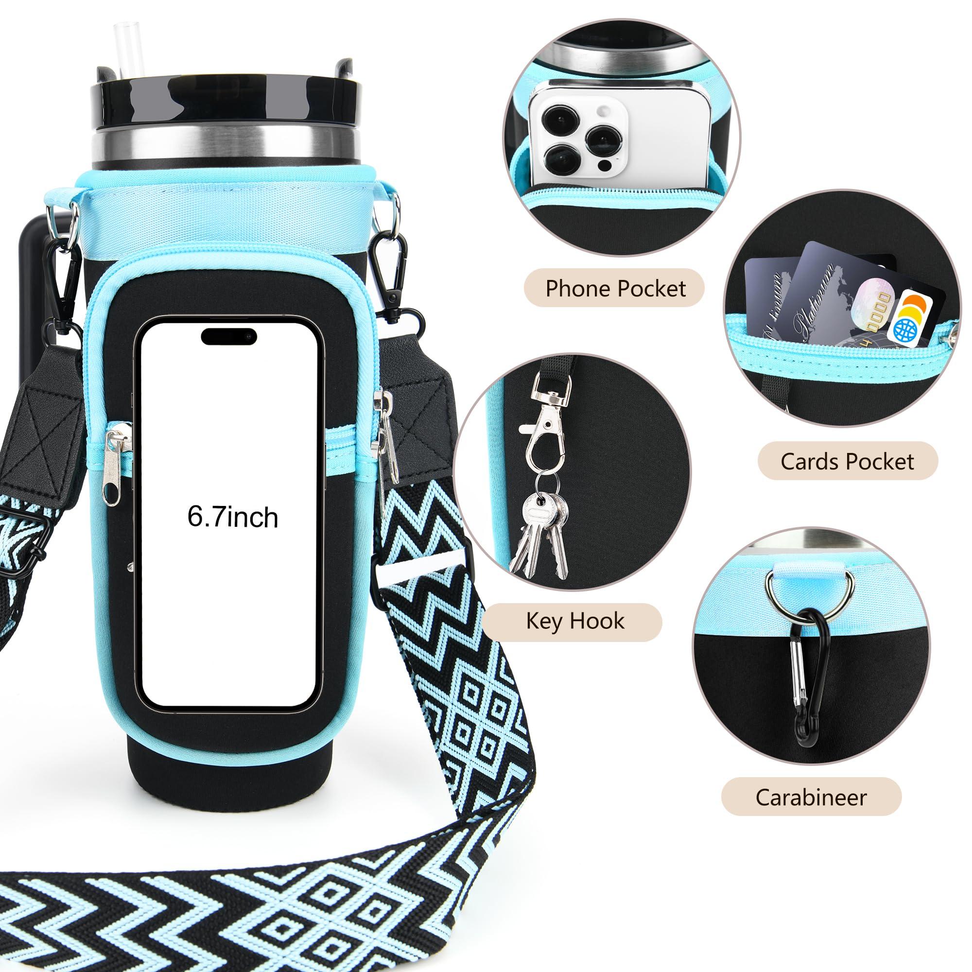 RIFESI Water Bottle Holder Carrier with Adjustable Strap for Stanley Cup 40oz with Handle, Neoprene Water Bottle Sling Bag with Phone Pocket & Carabiner Tumbler Accessories, Birthday Gifts for Men Women