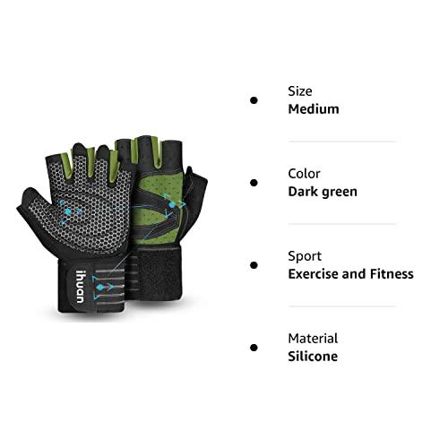 ihuan ihuan Ventilated Weight Lifting Gym Workout Gloves with Wrist Wrap Support for Men & Women, Full Palm Protection, for Weightlifting, Training, Fitness, Hanging, Pull ups (Dark green, M)