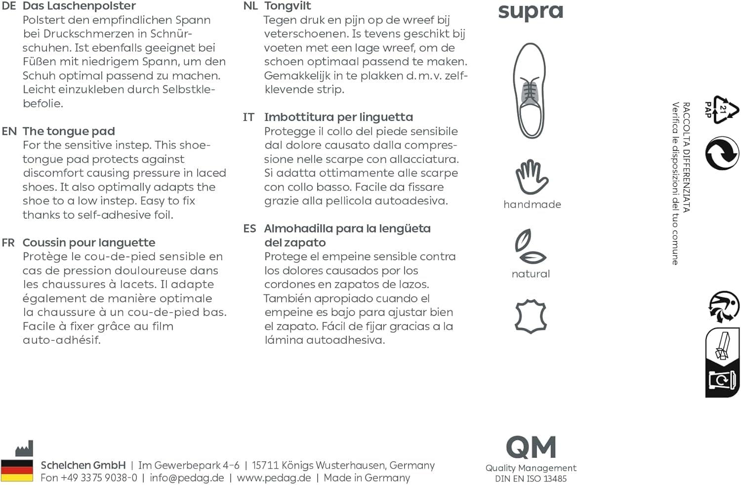 pedag pedag Supra | German Handmade Shoe Tongue Pads | Soft Suede Leather and Memory Foam Shoe Padding | Solves Loose Shoes Problem | 1 Pair, Small/Medium Size