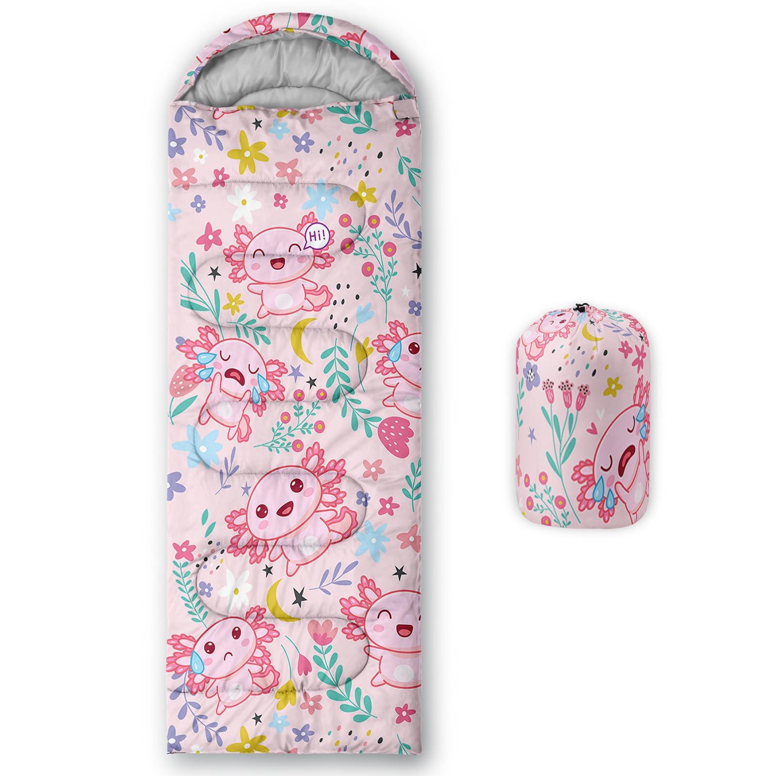 QOOMO QOOMO Cute Axolotl Printed Camping Sleeping Bags,3 Season Warm & Cool Weather,Lightweight,Waterproof Sleeping Bags for Adults & Kids,Traveling,and Outdoors,Camping Gear Equipment, 31x90inch