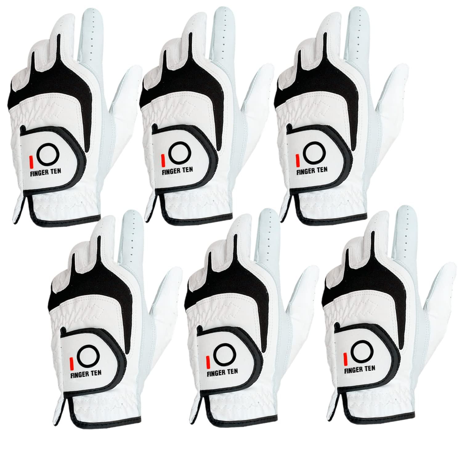 FINGER TEN FINGER TEN Golf Gloves Men Right Left Handed Golfer 3/6 Pack Mens Golf Glove Left Right Hand Soft Cabretta Leather All Weather Grip Size S M ML L XL (White-6 Pack, X-Large, Left)