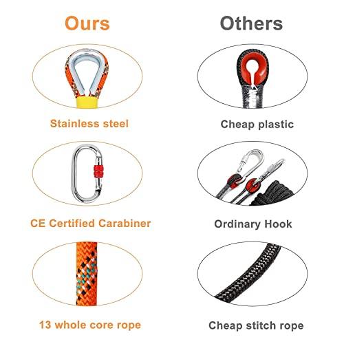 NTR 30M and 20M NTR Orange Outdoor Climbing Rope, 8mm Diameter Rock Climbing Rope with 2 Steel Hooks, Climbing Rope for Outdoors, Hiking Rope.