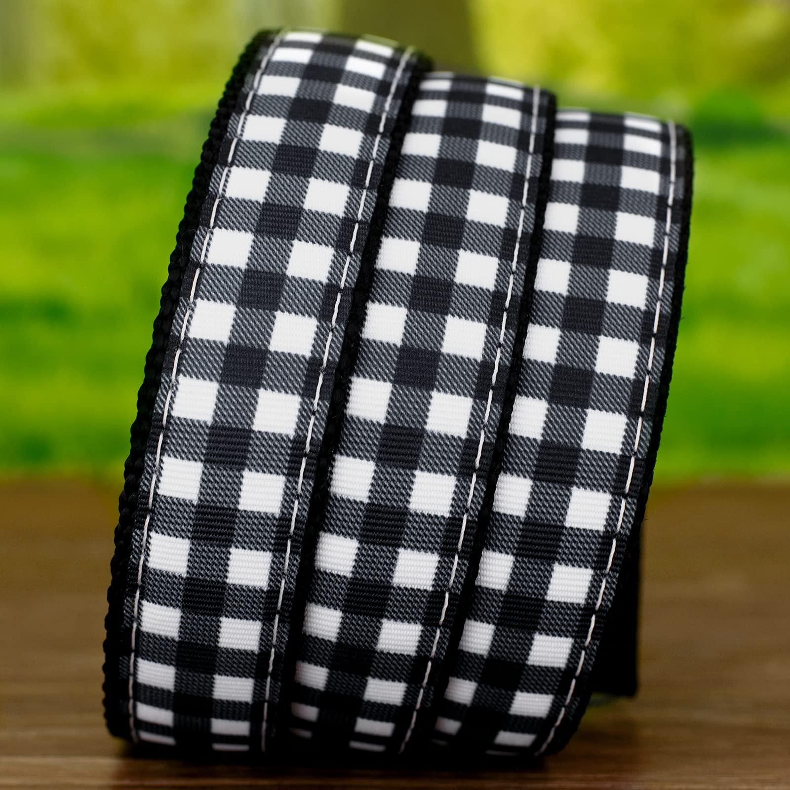 Country Brook Design Country Brook Design - Black & White Buffalo Plaid Ribbon on Black Nylon Webbing (1 Inch, 20 Yards)