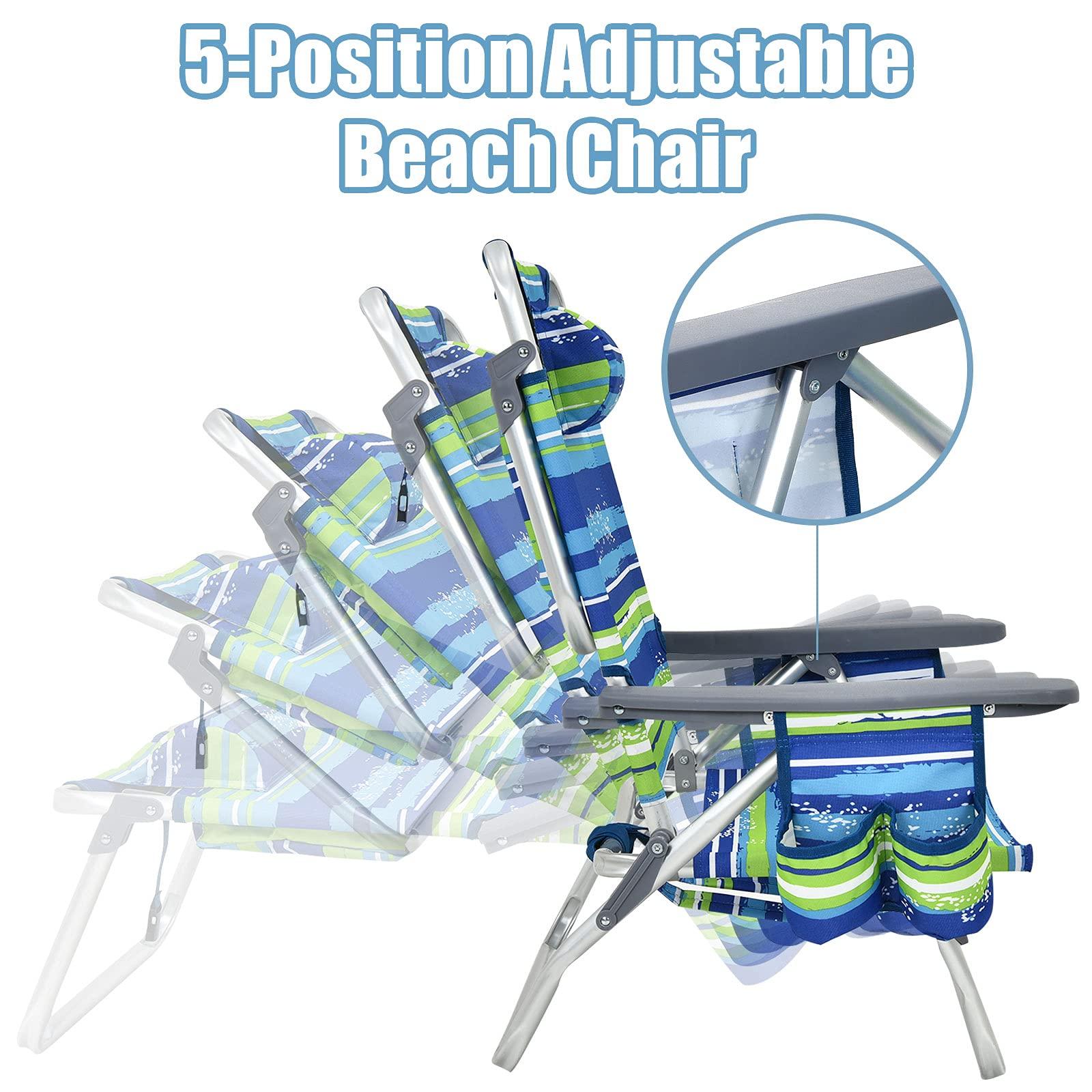 Giantex Giantex Beach Chair 4-Pack Sling Camping Chair, Sunbathing Chairs with 5 Adjustable Position, Head Pillow, Storage Bag, Towel Bar, Cup Holders, Folding Fishing Backpack Lawn Chairs