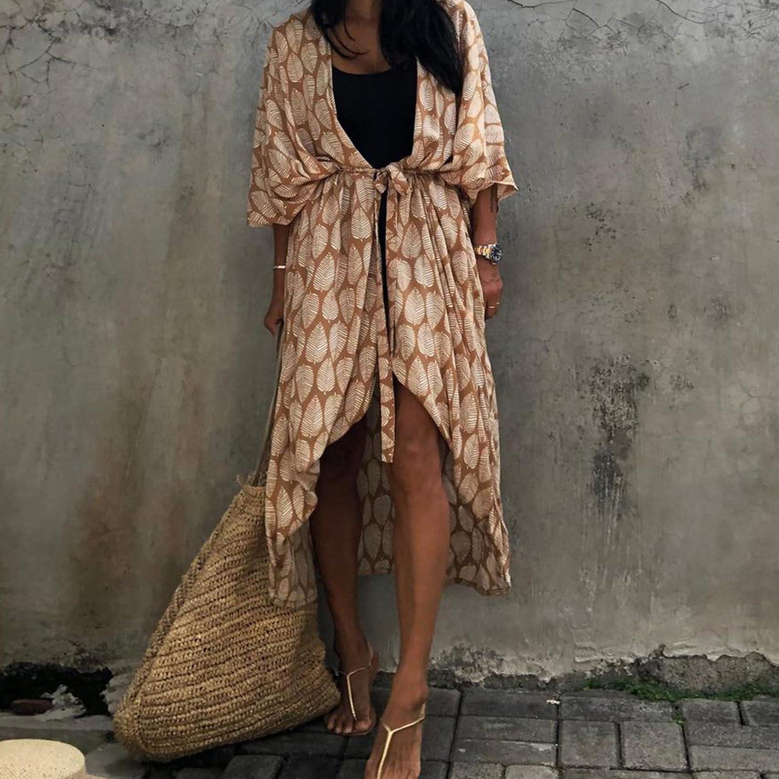 ZHENZQ ZHENZQ Women Swimsuit Printed Cover With Sleeve Long Gown Beach Dress Robe Beachwear Shawl Long Cover-ups Vacation