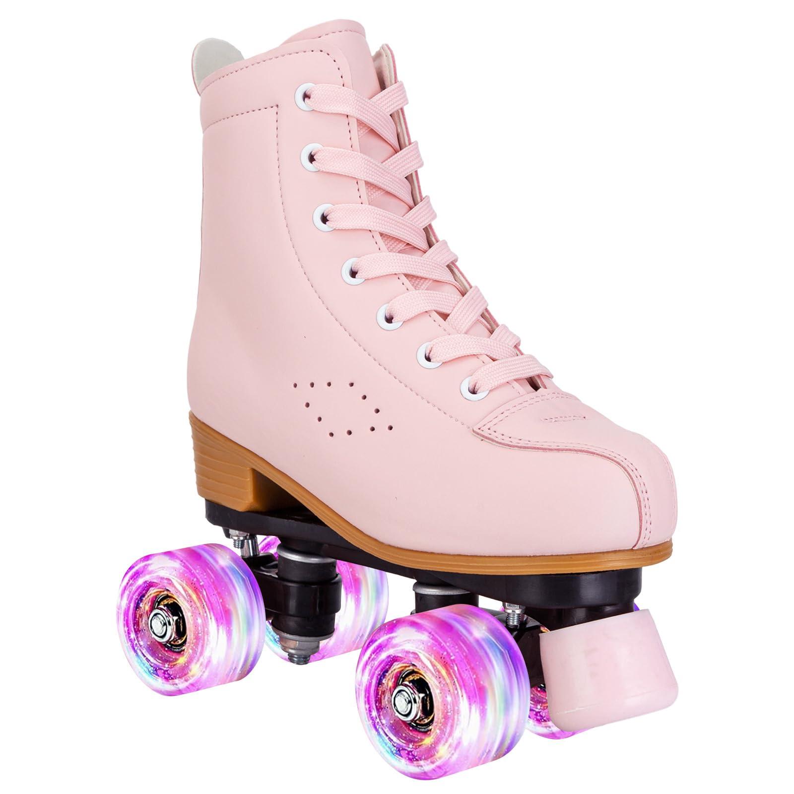 YYW YYW Roller Skates for Girls and Women, Fantastic Pink Purple PU Leather Light Up Kids Youth Roller Skates, Indoor Outdoor Roller Skates Girls Ages 8-12 (37-US Women 7/ Youth 6,Pink)