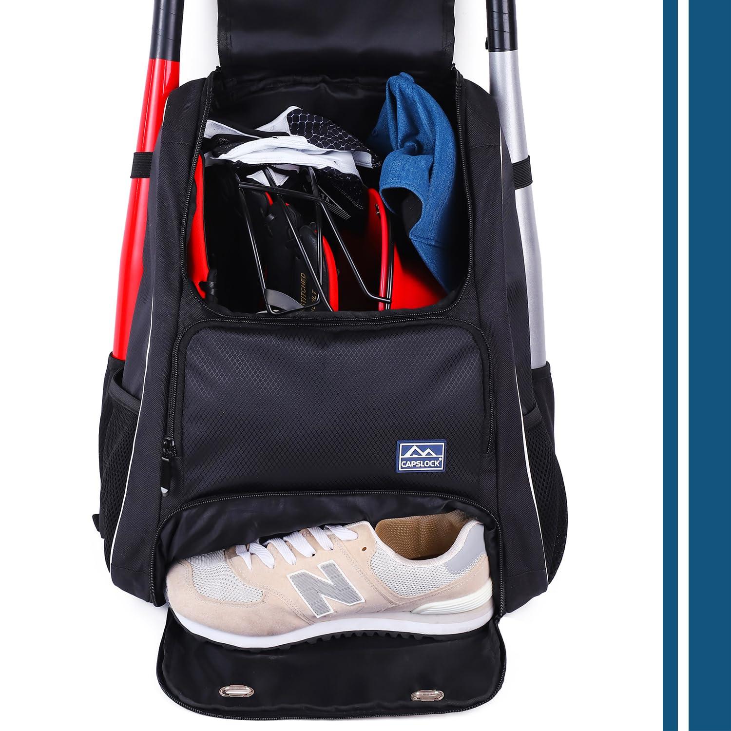 CapsLock Baseball Bat Bag Backpack,T-Ball & Softball Bat Bag with Shoes Compartment for Youth and Adult, Lightweight Baseball Bag with Fence Hook Hold Bat, Batting Mitten, Helmet, Caps, Teeball Gear