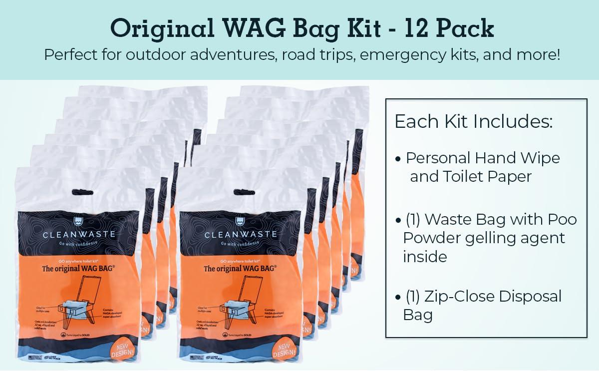 Phillips Cleanwaste Original WAG Bag Portable Toilet (12 Pack) - Go Anywhere Kit For Camping, Boating, Travel - NASA Gelling Powder for Poop/Pee