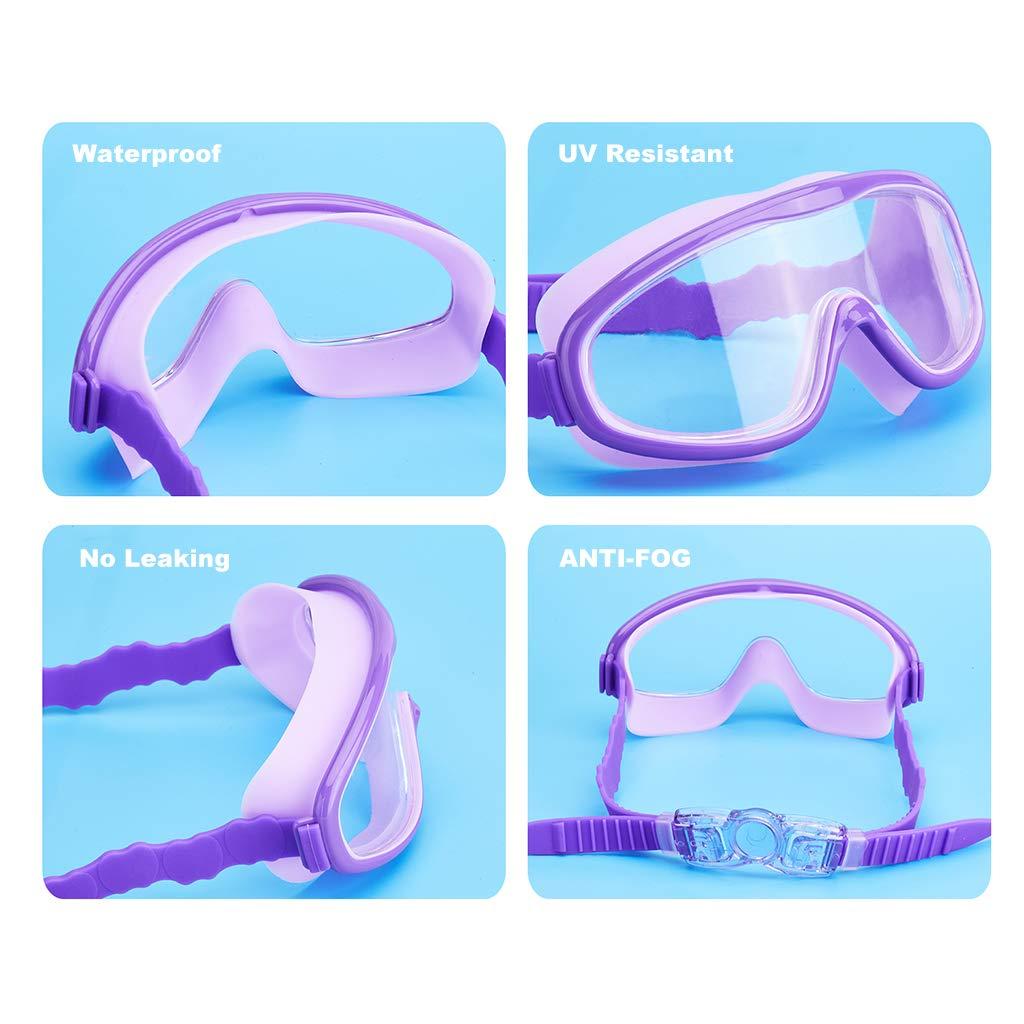 KAILIMENG KAILIMENG 2 Pack Kids Swim Goggles, Clear Wide View No-Leak Anti-Fog UV Protection Swimming Glasses with Nose Clip Earplugs for Toddlers Youth Child 3-15 Years Old (Pink & Red Blue, 2 Pack)
