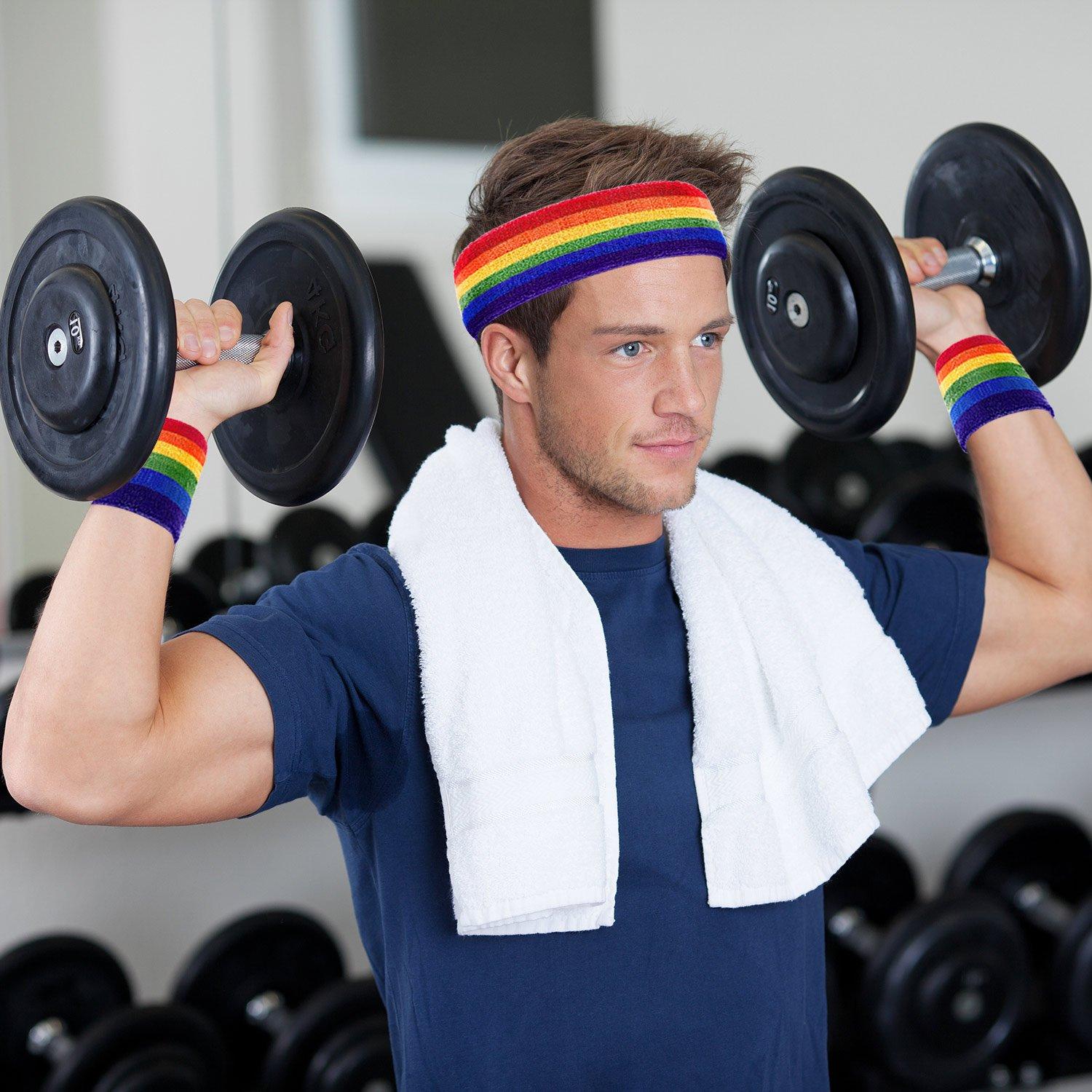 Bememo Bememo Striped Sweatbands Set - 2 Sports Headbands and 4 Wristbands, Colorful Cotton for Men and Women (Rainbow Color)