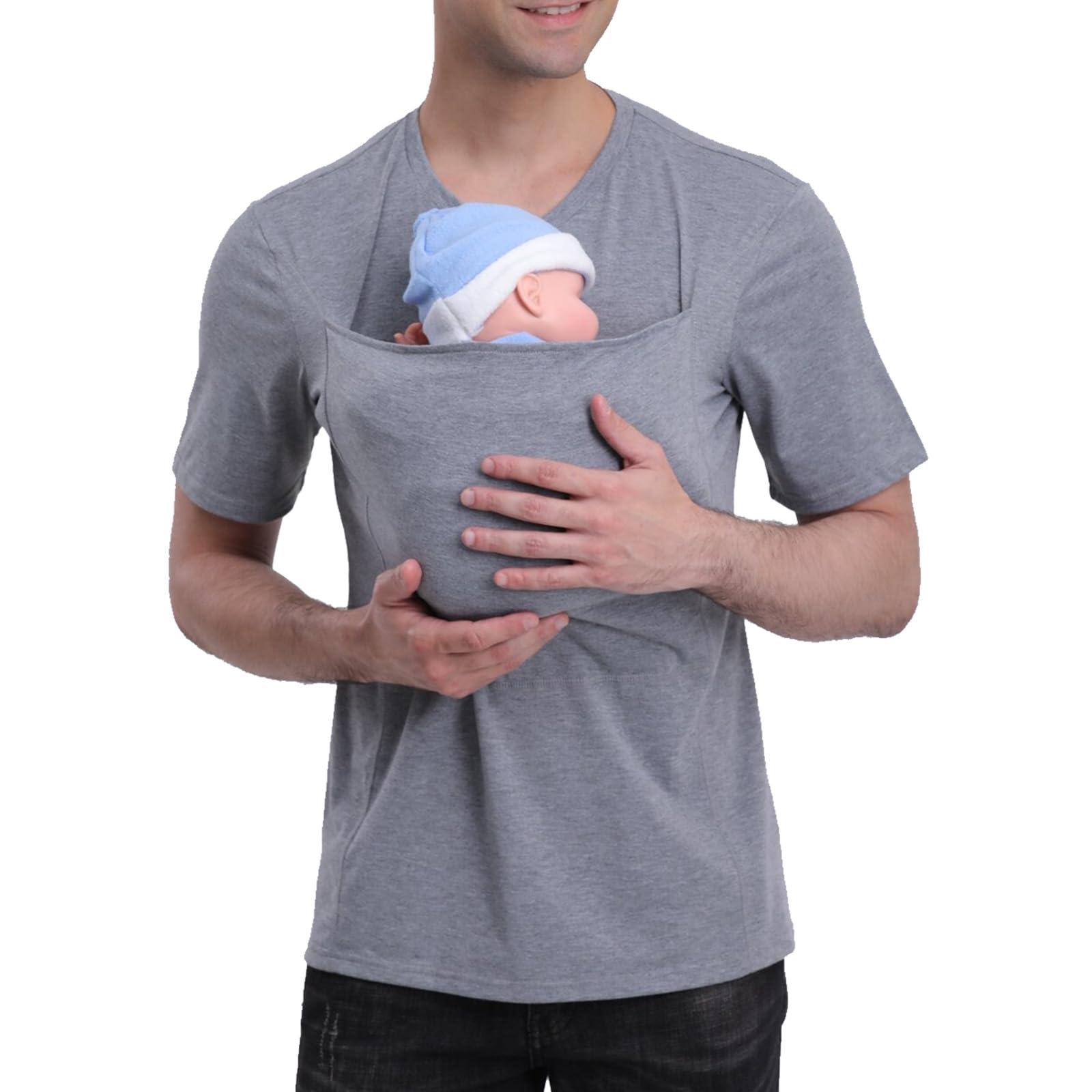 Jefuzh Mens Baby Carrier Shirt, Kangaroo Shirt for Dad and Baby V Neck Short Sleeve Kangaroo T Shirt for Dad with Hat-Grey Hat-3XL