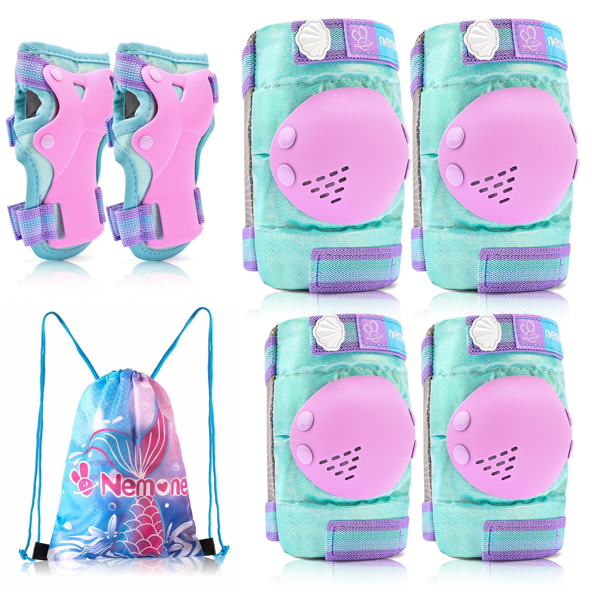 NEMONE NEMONE Mermaid Knee Pads for Kids, Girls Boys Knee Elbow Pads Wrist Guards with Drawstring Bag, Adjustable Reflective Protective Gear Set for Roller Skates Bike Cycling Skateboard Scooter
