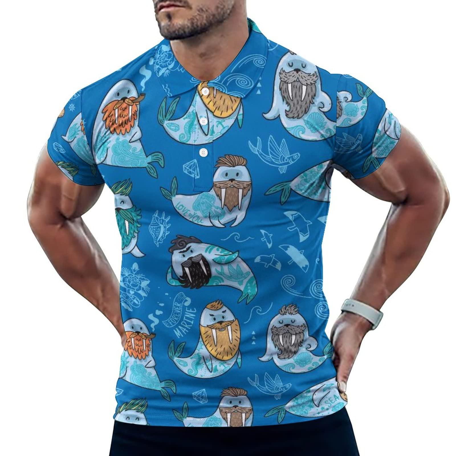 BAIKUTOUAN BAIKUTOUAN Walrus with Mustache and Tattoo Men\'s Golf Polo-Shirt Short Sleeve Jersey Tees Casual Tennis Tops 3XL