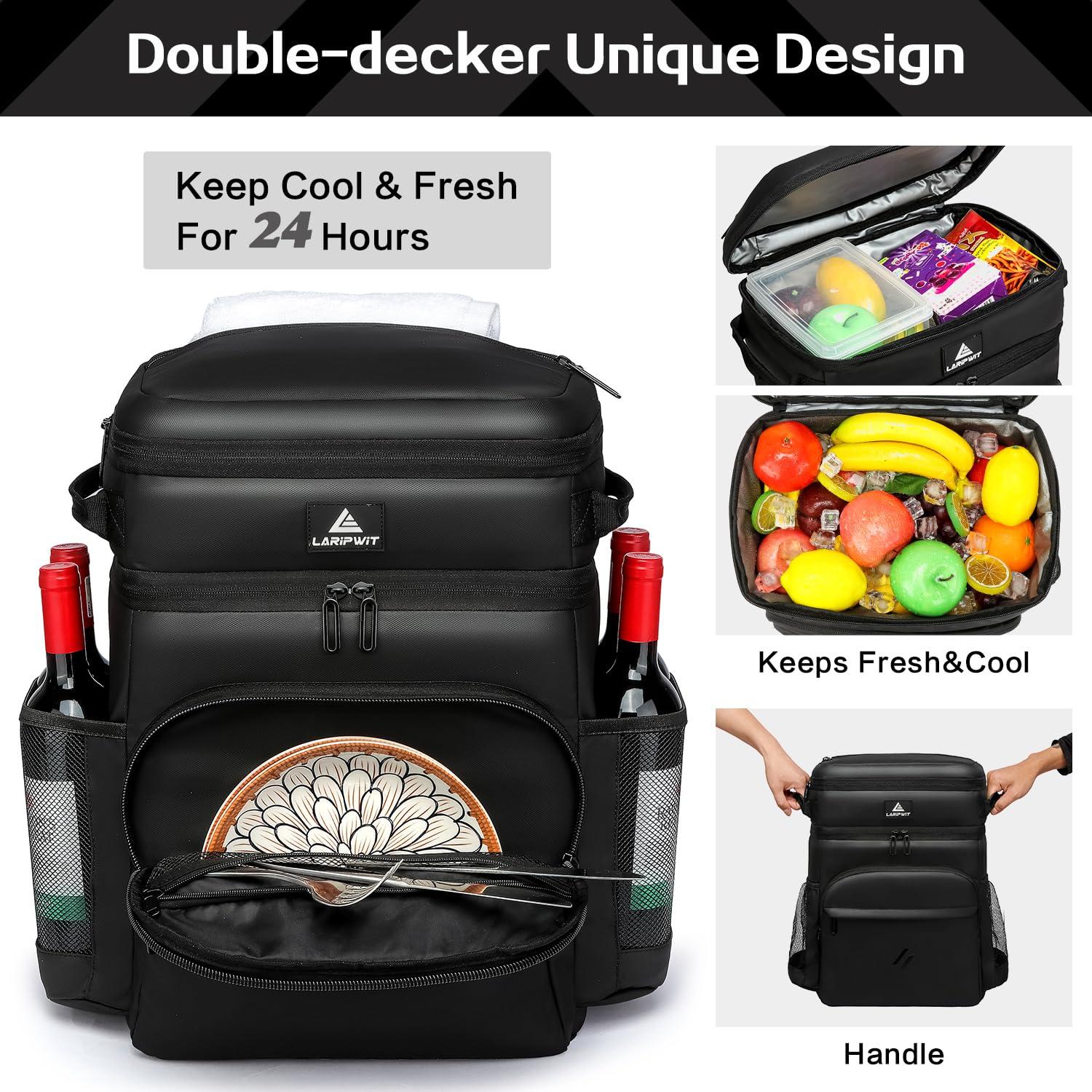 Laripwit Laripwit 54 Cans Backpack Cooler Insulated Leak-Proof Large Leather Cooler Backpack Double Deck Lunch Backpack for Men Women - Perfect Soft Cooler Bag for Work, Camping, Picnic, Beach, Hiking