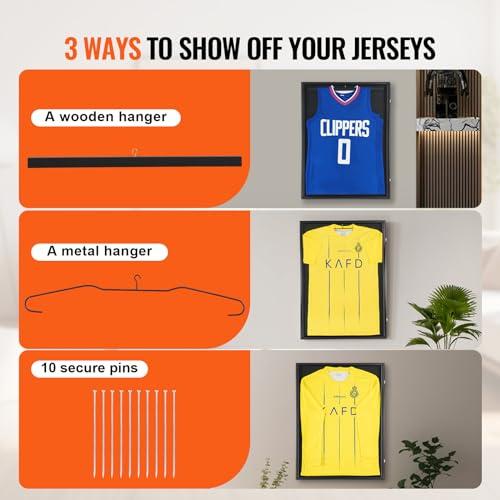 VEVOR VEVOR Jersey Display Frame Case, 24 x 32 x 1.5 in, Large Lockable Sport Jersey Shadow Box with 98% UV Protection PC Glass and Hangers, for Baseball Basketball Football Hockey Shirt and Uniform, Black