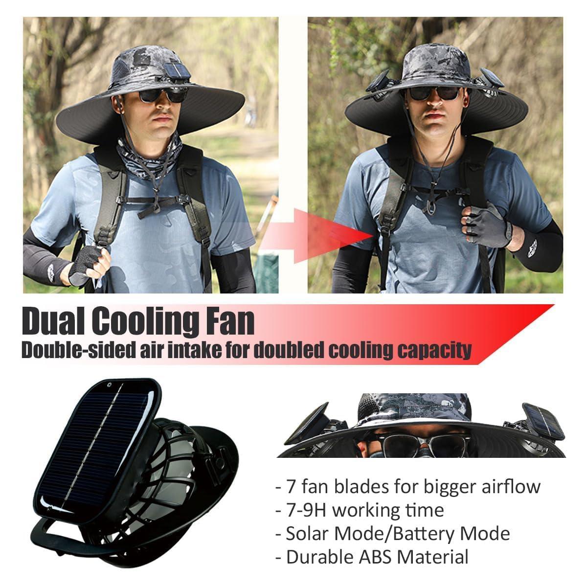 Inalsion Inalsion Wide Brim Solar Fan Hat, Wide Brim Solar Fan Outdoor Fishing Hat-Solar & USB Charging, Solar Powered Fan Hat (Light Gray,One Size)