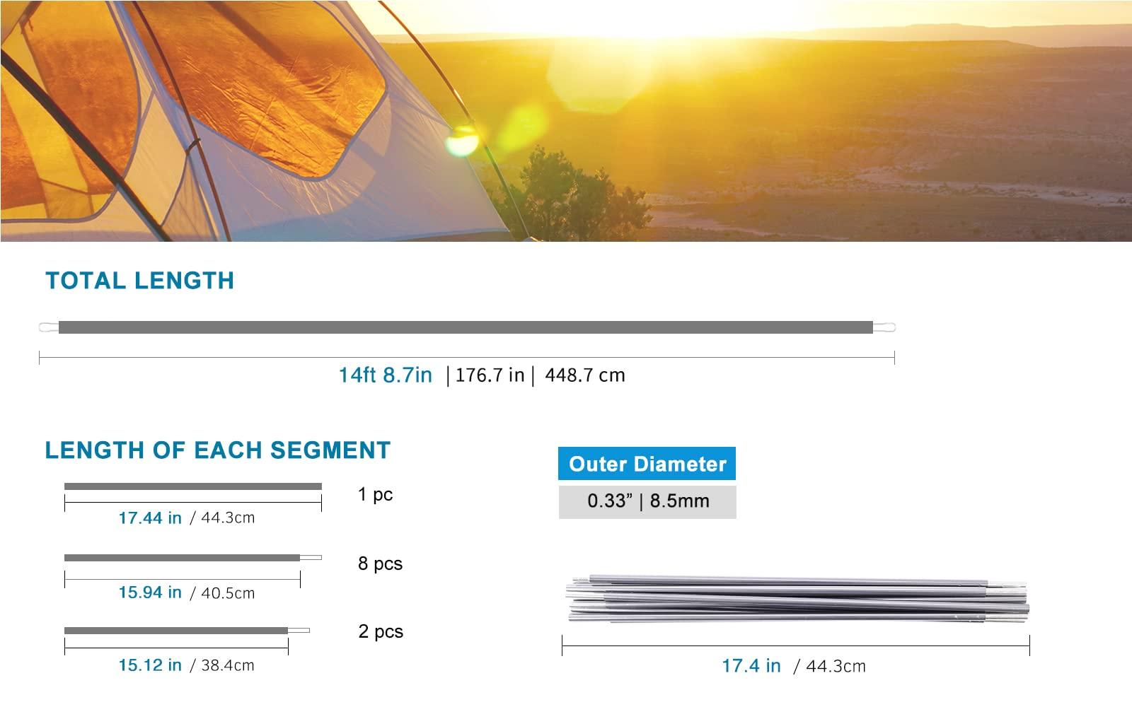 BRILLIANCE4U Tent Poles, BRILLIANCE4U Grey Tent Poles Replacement, Pre-Assembled Aluminum Tent Pole 14ft 8.7 in, 7001 T6 Heated Tent Rod Outer Dia. 0.33 8.5mm, 176.7 in 1 Pole