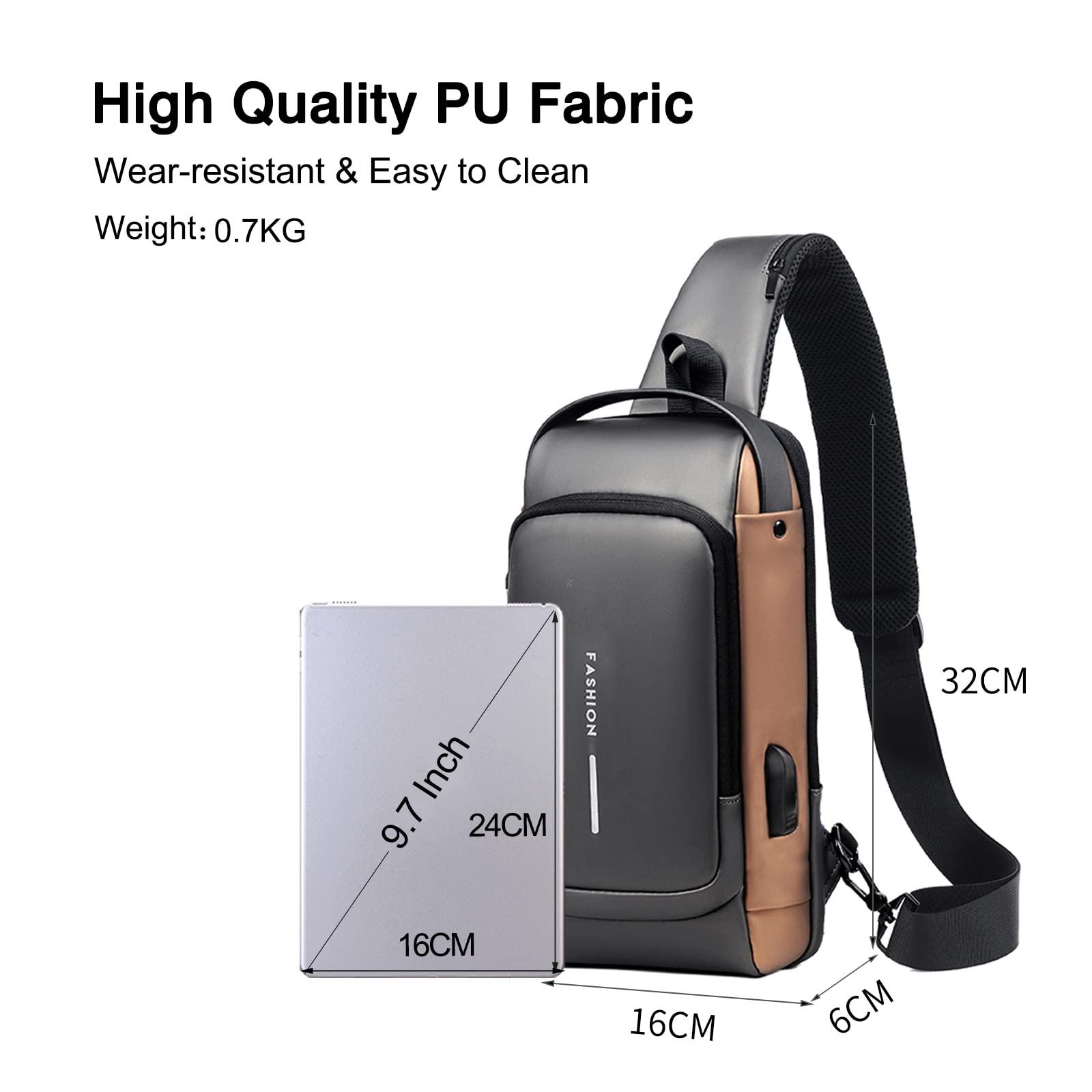 FANDARE FANDARE Anti-theft Sling Bag Business Men Bag Chest Crossbody bags with USB Charging Port Waterproof Small Backpack for Outdoor Work Hiking Running Sport Travel Bag Gray Brown