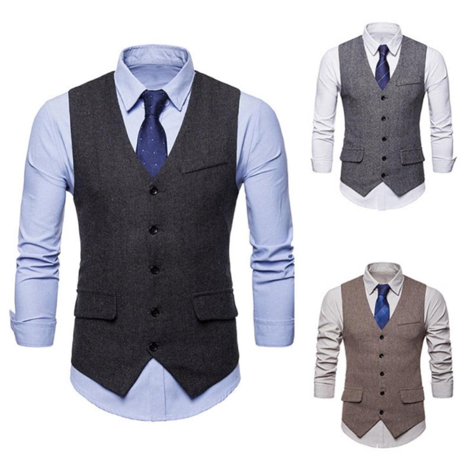 SHACE Men's Suit Vest - Men Autumn Sleeveless V Neck Lightweight Pockets Casual Single Breasted Herringbone Business Wedding Party Suit Waistcoat,Grey,M