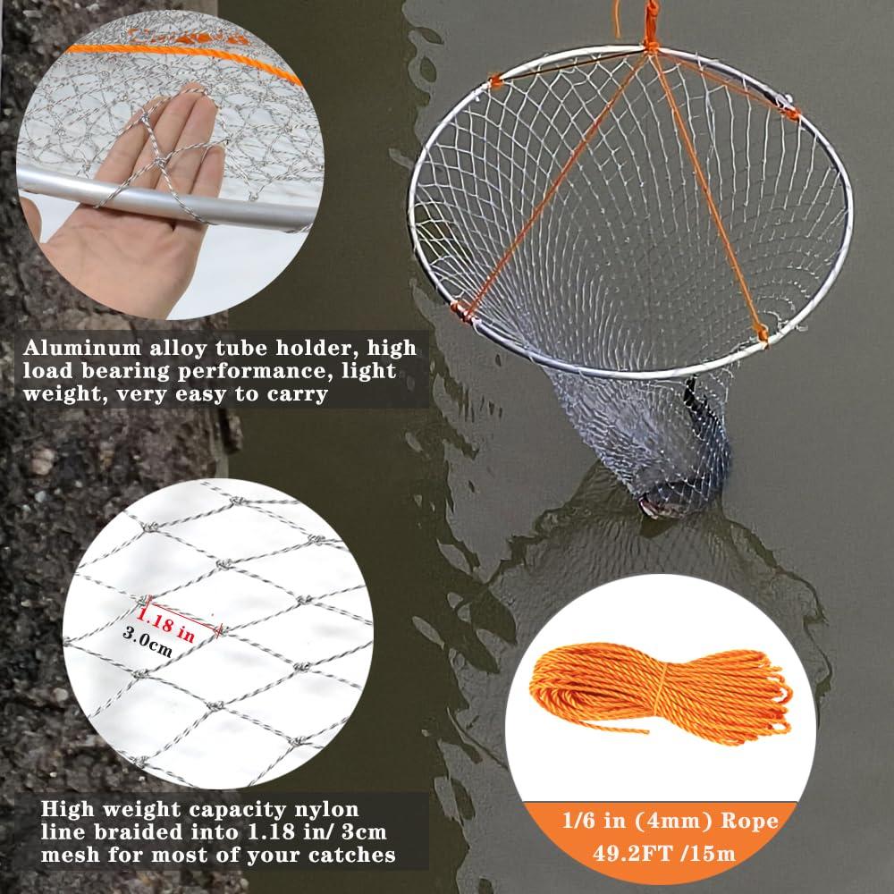 Drasry Drasry Foldable Bridge and Pier Fishing Net Landing Net High Load-Bearing Aluminum Ring Drop Net for Saltwater Freshwater Pier Fishing Baskets Collapsible with 49.2 FT Rope 31.5 * 31.5 * 41 in