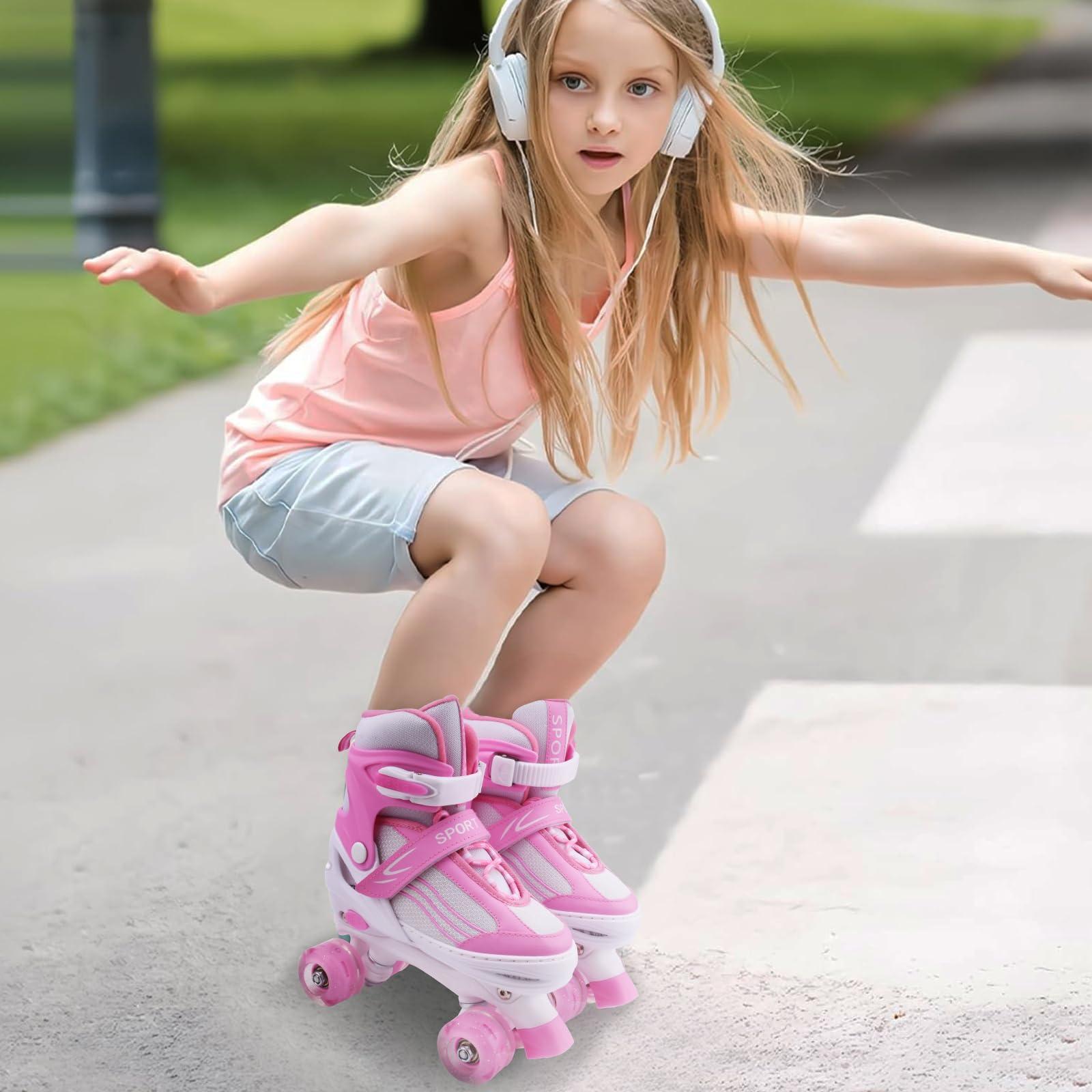 LEJIJIT LEJIJIT Girls Roller Skates for Kids Child Beginners, Adjustable 4 Sizes Quad Roller Skates Pink & White for Kids and Youth with Light Up Wheels for Sports (Large 4-7 US)