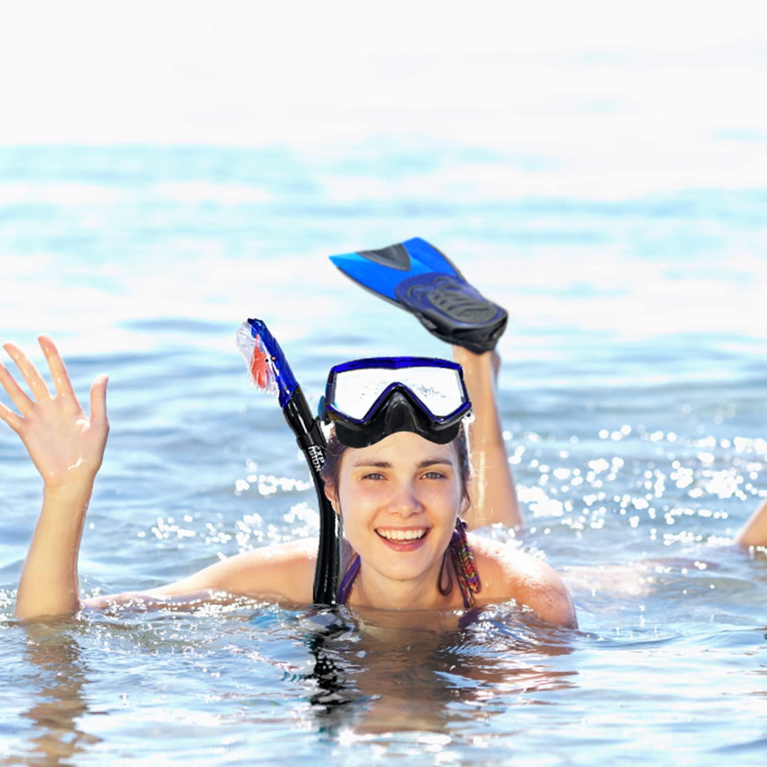 EXP VISION Mask Fin Snorkel Set, Adults Snorkeling Gear Panoramic Diving Mask and Dry Top Snorkel and Dive Flippers Kit with Travel Bag for Swimming Training, Snorkeling (Medium-Blue Set)