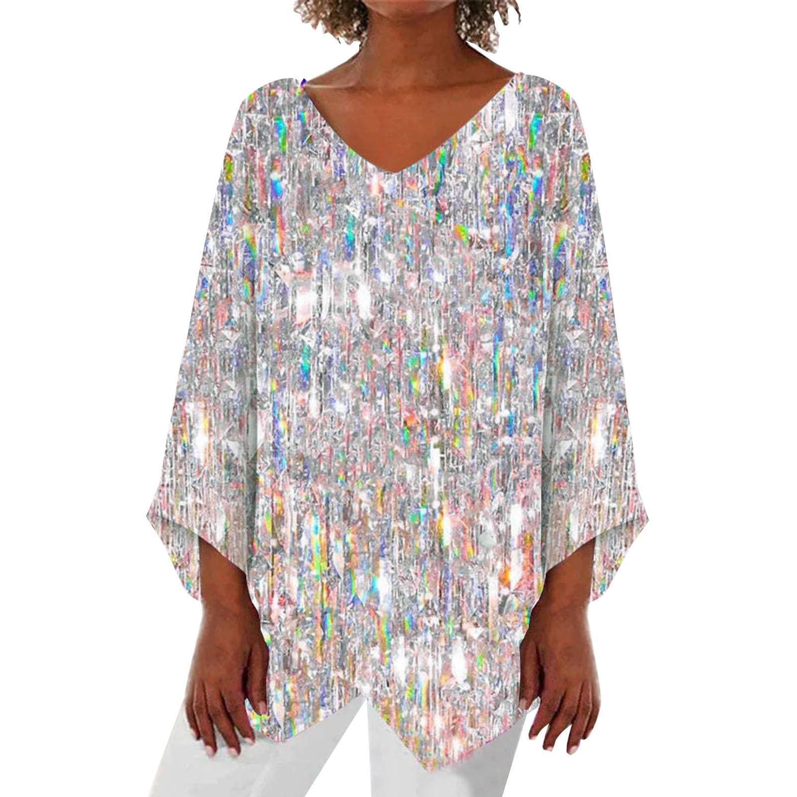 SGHOEGU Womens Plus Size Long Sleeve Sparkly Shirt Casual V Neck Loose Graphic Pullover Tunic Top Glitter Sequin Print Blouse Plus Size Glitter Top Shimmer Shirts for Women White