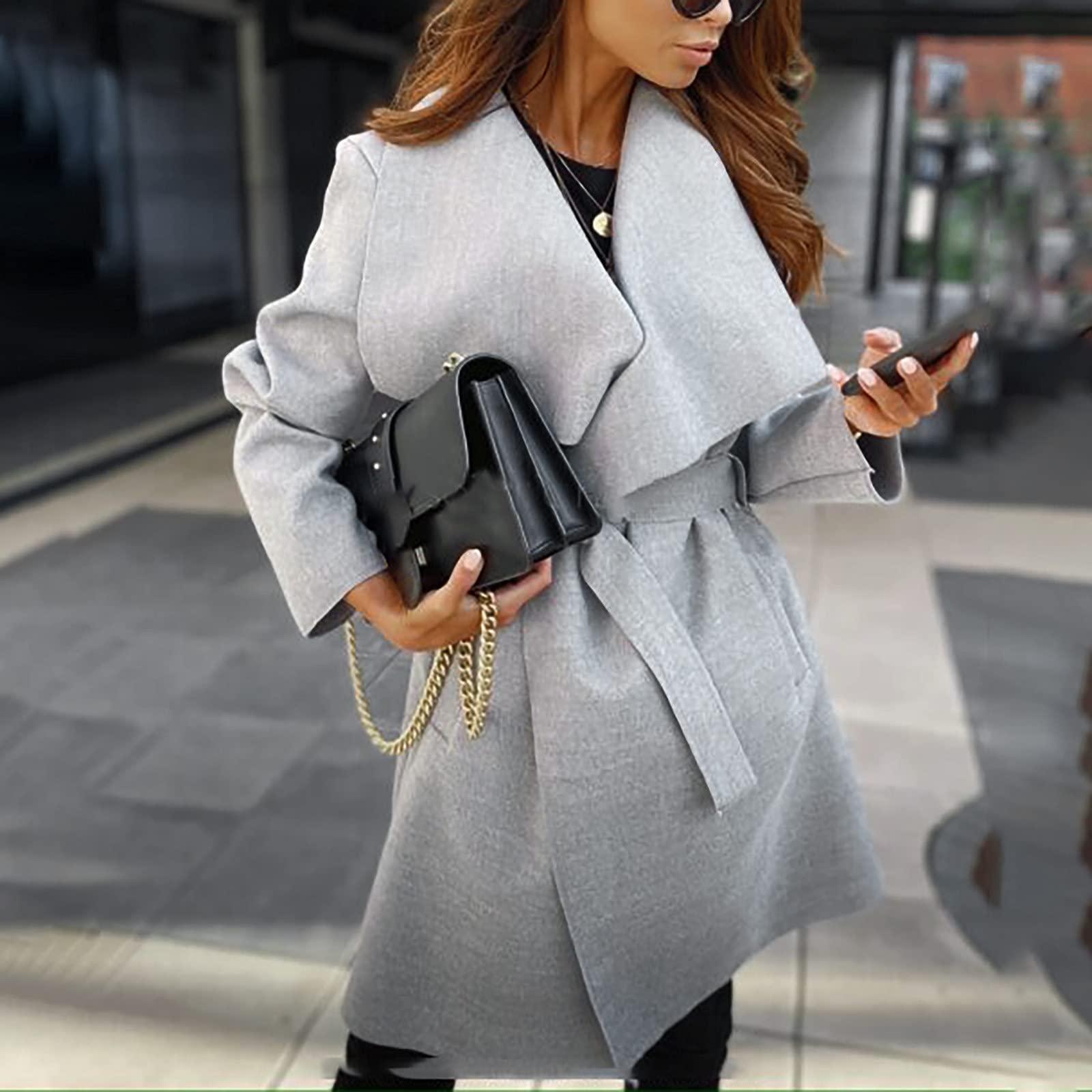 NaRHbrg Women Trench Coat Women's Lapel Woolen Wrap Pea Coat Open Front Long Jacket Overcoat Outwear Cardigan Windbreaker Gray