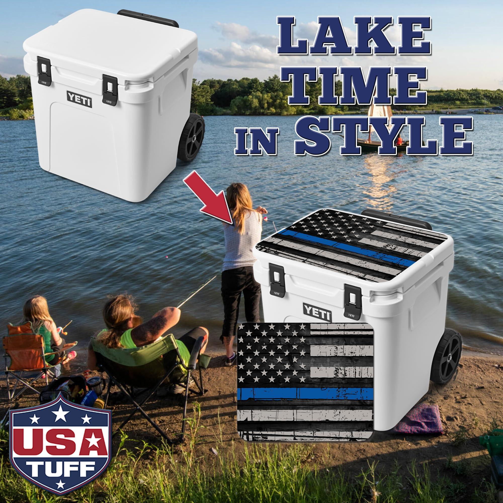 USATuff USATuff Vinyl Cooler Lid Kit Compatible with YETI 60 qt Roadie Wheeled | Easy Peel & Stick Application Cooler Skin Decal Wrap | Durable Pre-Cut Pieces | Made for Outdoor Use - Thin Blueline Flag