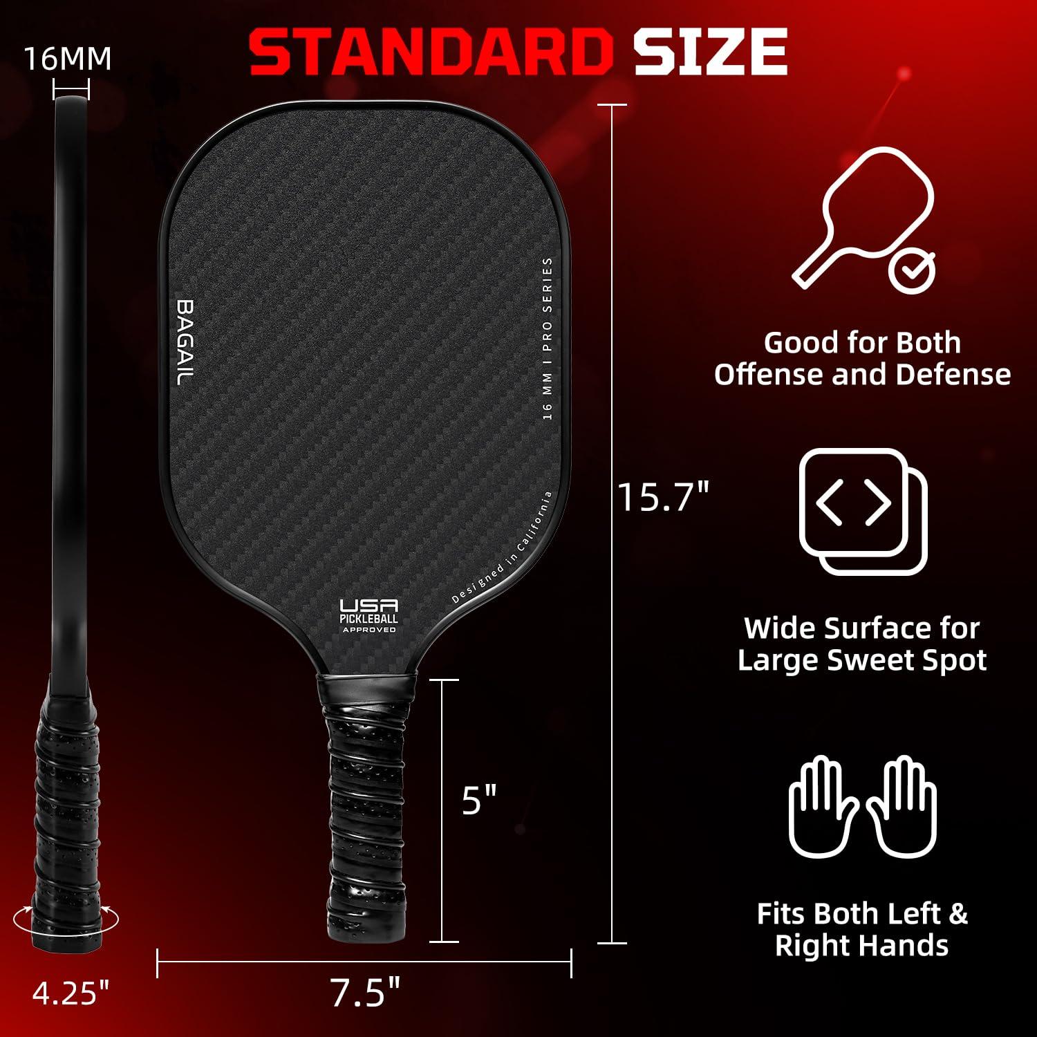 BAGAIL BAGAIL Pickleball Paddles, USAPA Approved Fiberglass Surface Pickleball Set, Lightweight Pickle Ball Rackets with 4 Balls, 1 Bag, Designed in California for Traction and Stability - 2 Pack, Black