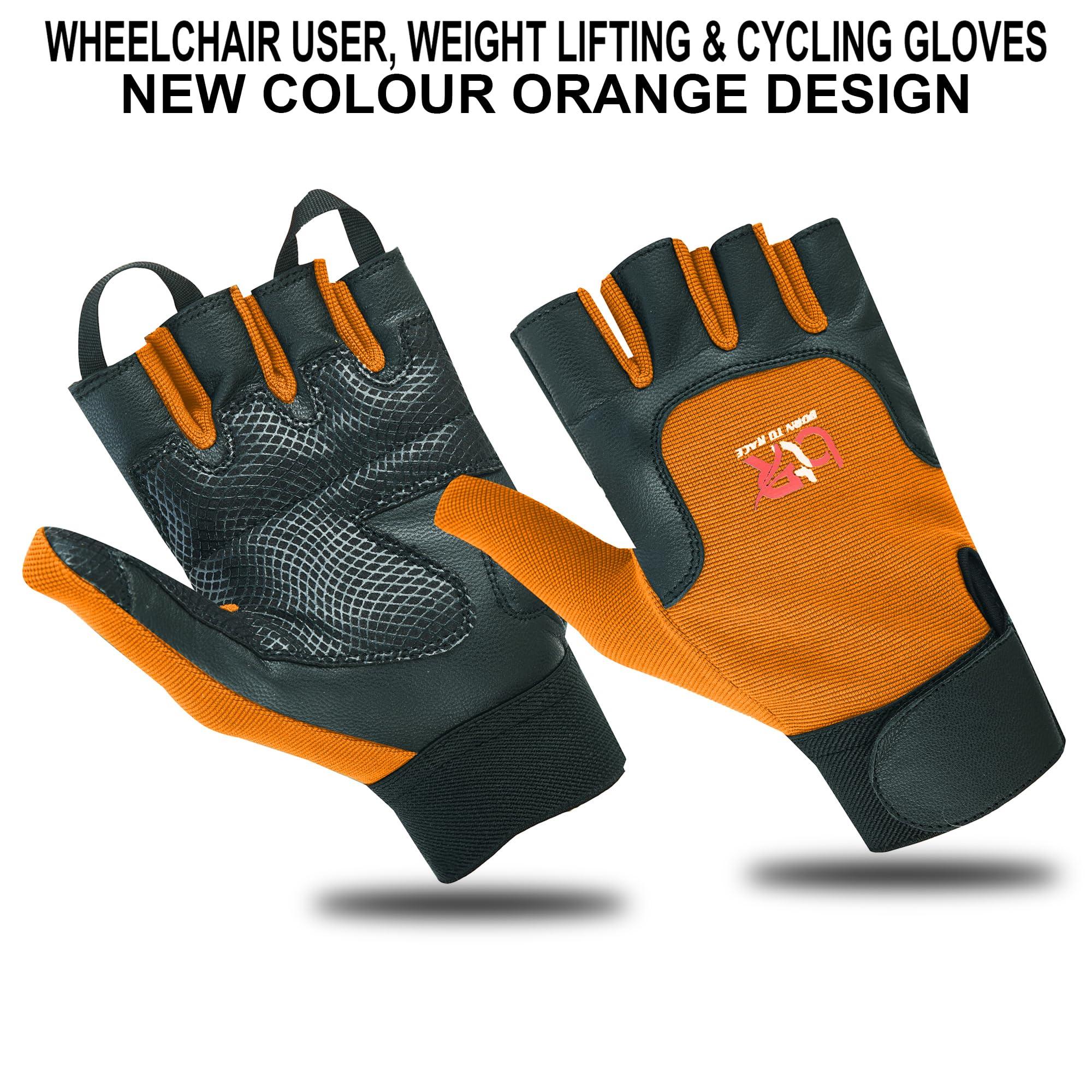 BTR BORN TO RACE BTR BORN TO RACE Wheelchair User Gloves Mobility Disability Fingerless Long Thumb Leather Palm for Men and Women Workout Weight Lifting, Cycling, Driving Gloves New Camo Design Unisex (L, Orange)