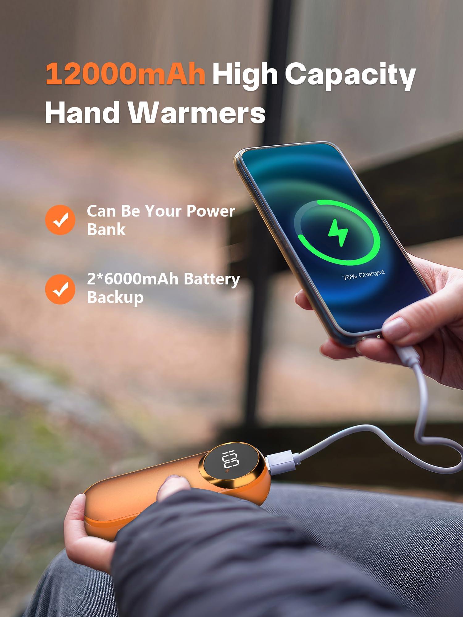 Shirble Hand Warmers Rechargeable,12000mAh Electric Hand Warmers with Light, 2 Pack Pocket Hot Hands Reusable Up to 20 Hours, Double Sided Heat Portable Heater for Hunting, Camping Gear, Stocking Stuffers