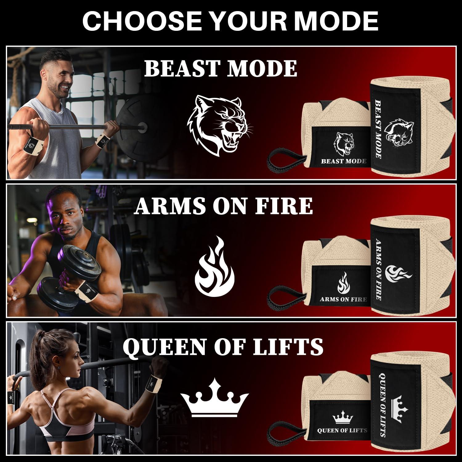 TECEUM TECEUM Weightlifting Wrist Wraps with Thumb Loop Beige Beast Mode 12 inch Heavy-Duty Workout Wrist Support & Protection Ideal for Powerlifting, Strength Training, Bodybuilding