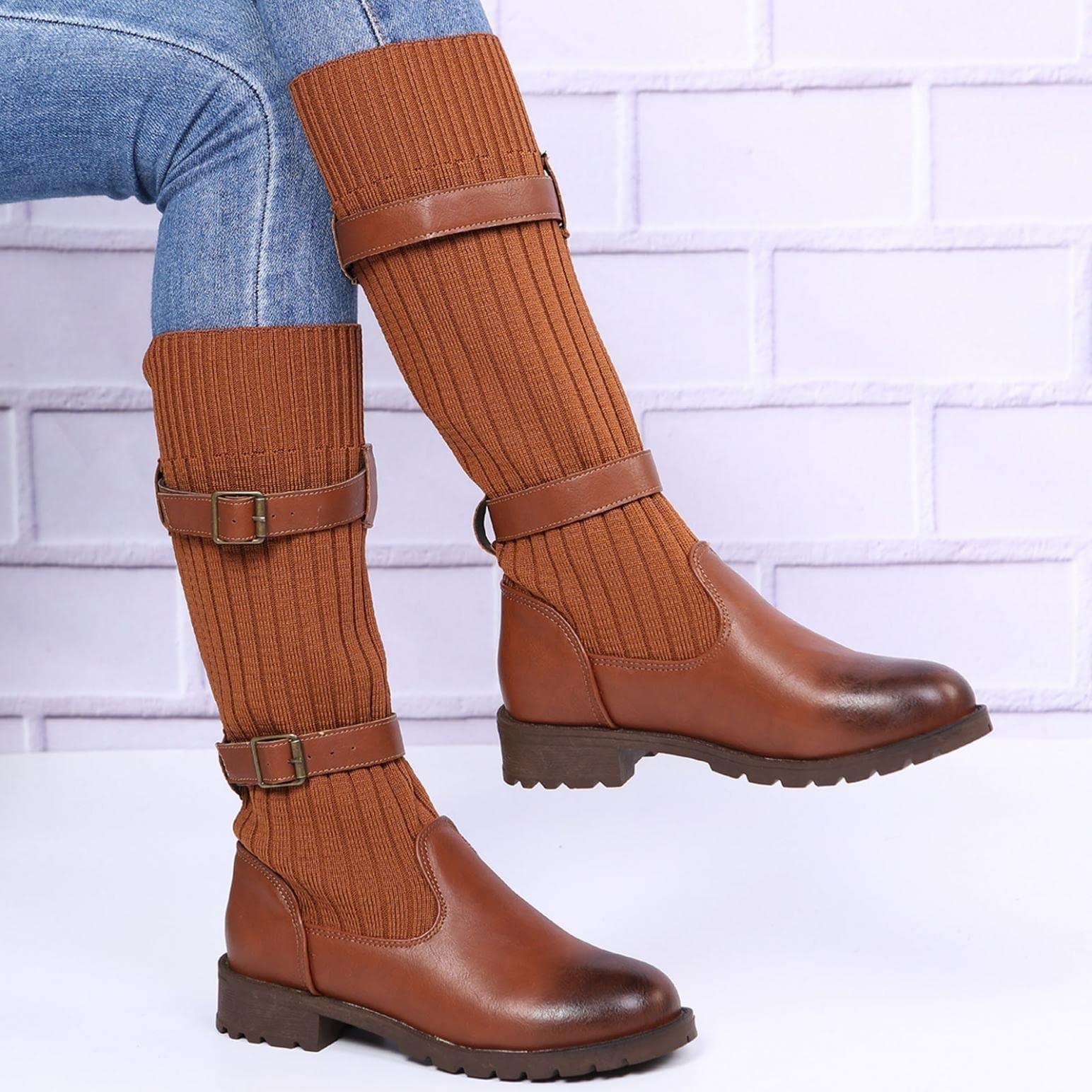 ZBYY ZBYY Women's Knee Boots Chunky Low Heels Thigh High Boots Long Stretch Fall Knitted Winter Dress Boots Fashion Mid Calf Booties