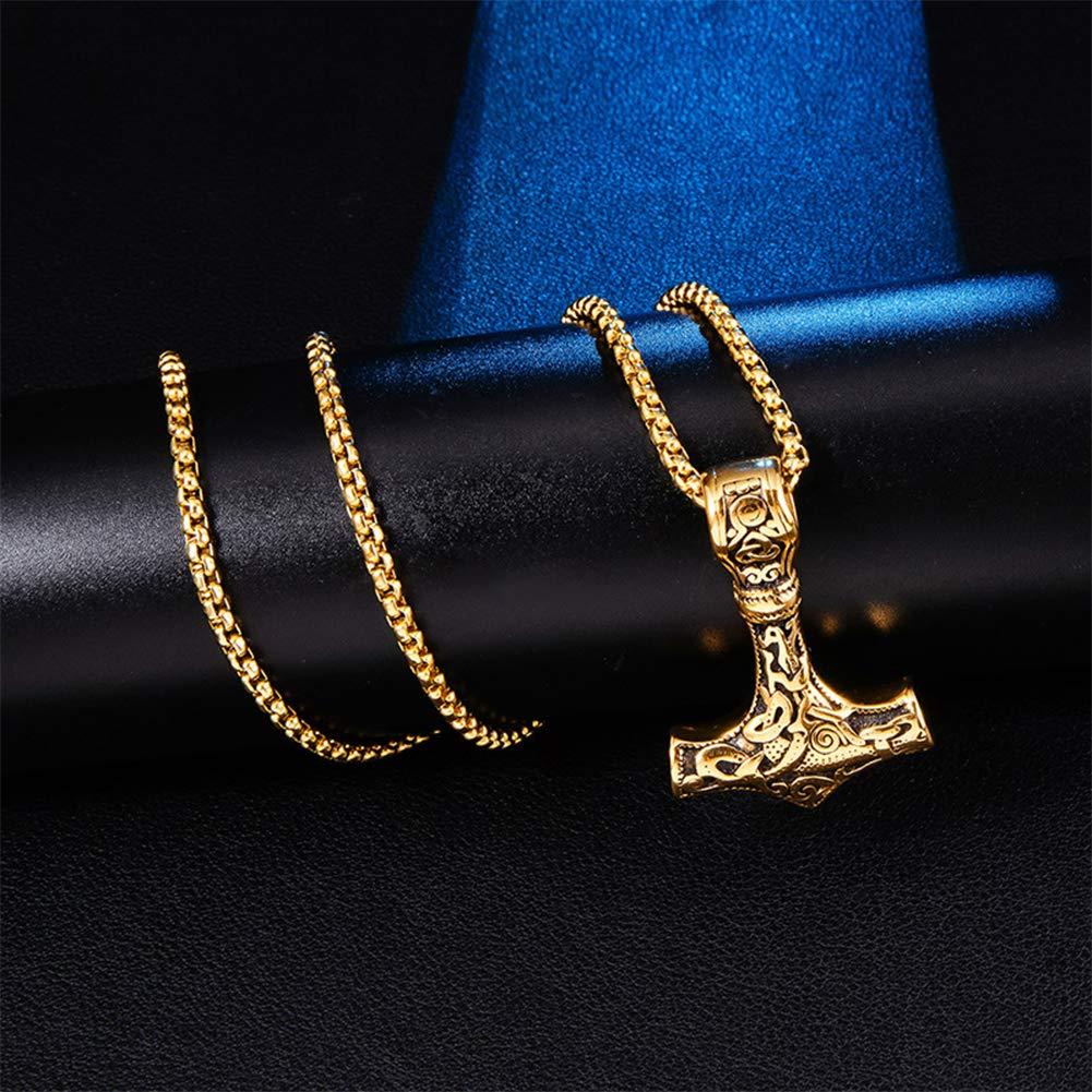 SBRTL Norse Viking Thor's Hammer Talisman Necklace, Odin Mjolnir Stainless Steel Pendant, Mens Vintage Original Amulet Jewelry,Gold,60cm(24incm)